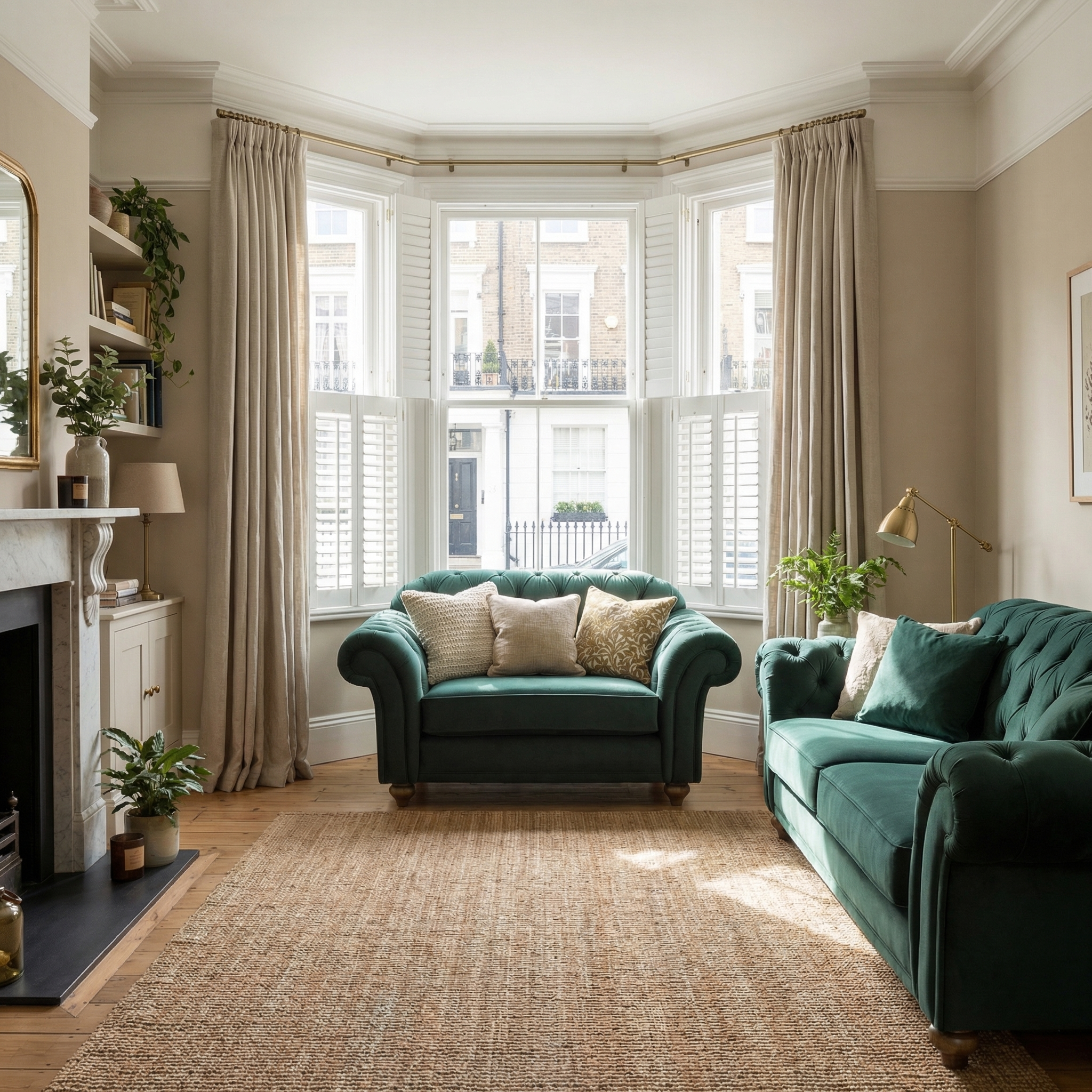 Bright living room with a Chesterfield Velvet Loveseat in Bottle Green, large windows, beige curtains, plants, and a jute rug on wooden floors.