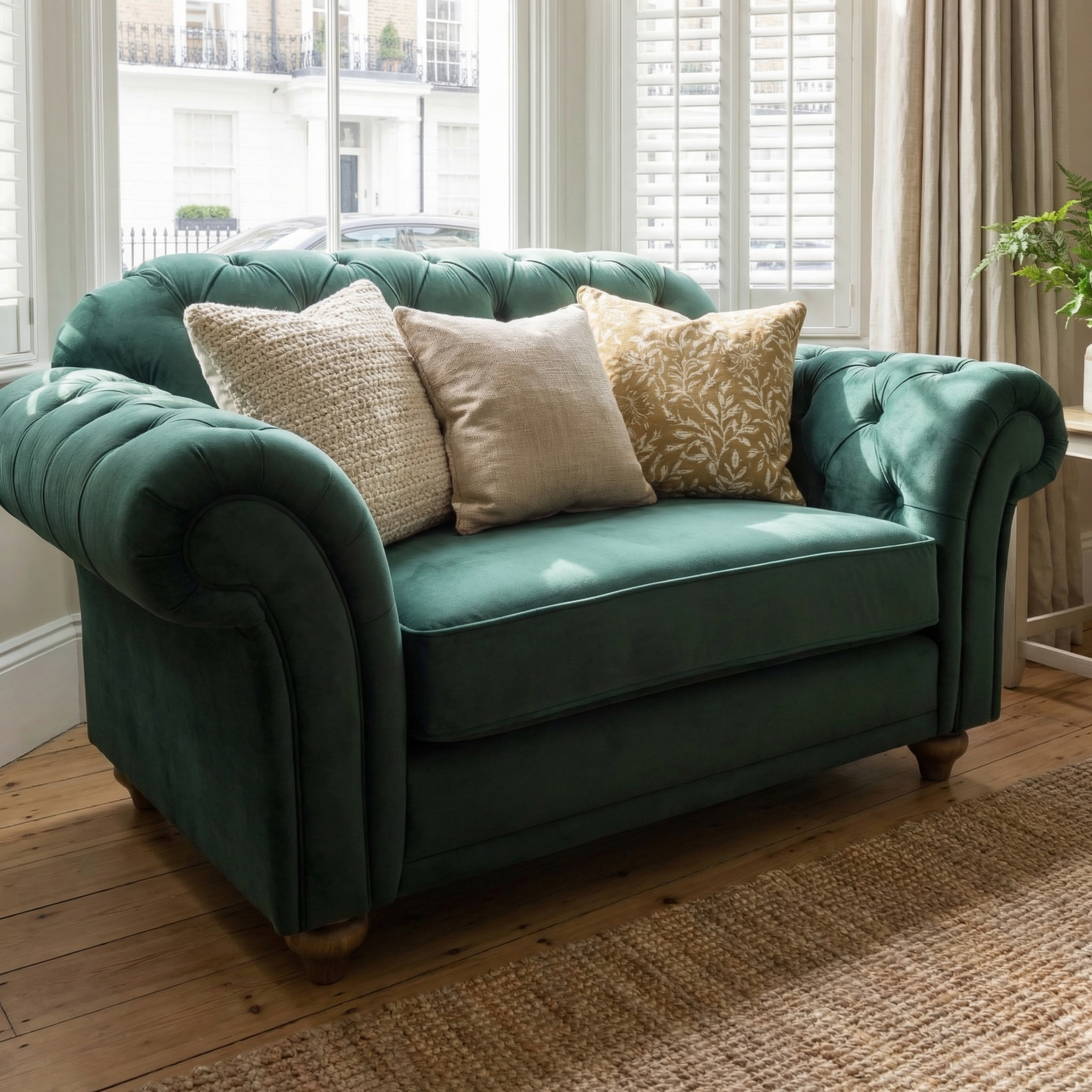 The Chesterfield Velvet Loveseat in Bottle Green, featuring three plush cushions, is handcrafted and sits elegantly on a wooden floor beside large windows in a sunlit room.