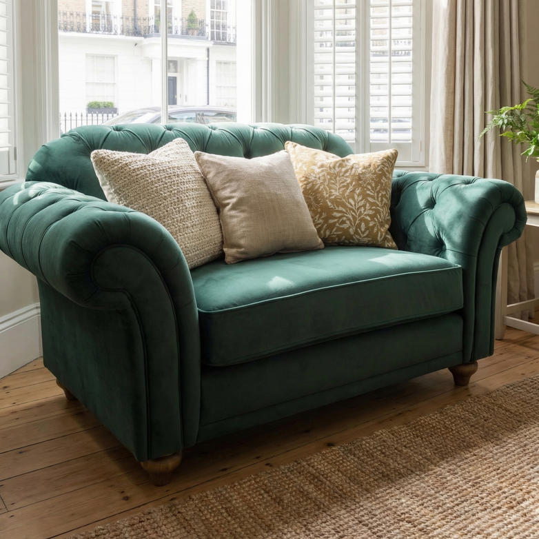 The Chesterfield Velvet Loveseat in Bottle Green, featuring three plush cushions, is handcrafted and sits elegantly on a wooden floor beside large windows in a sunlit room.