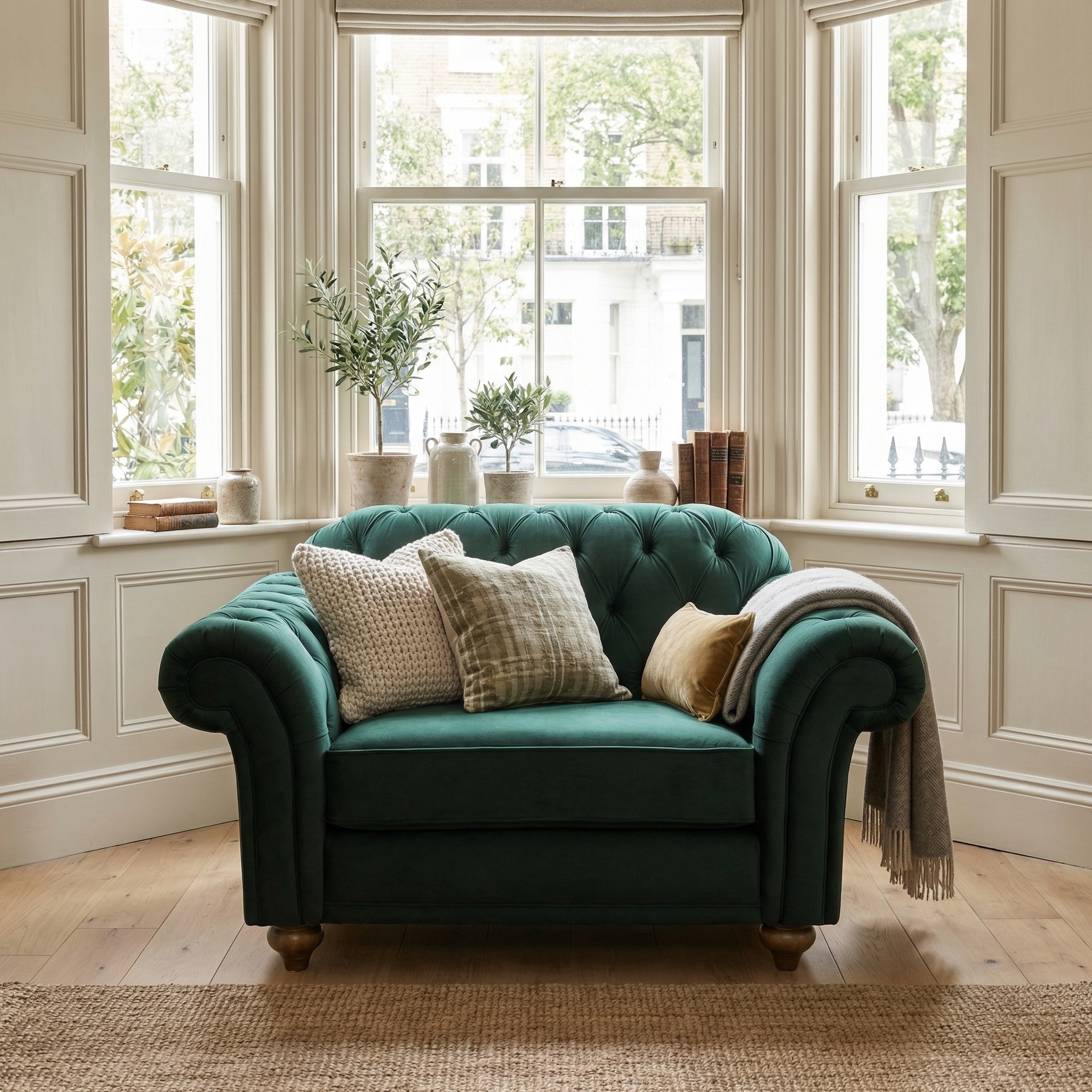 A Chesterfield Velvet Loveseat in Bottle Green, complete with cushions and a throw, sits in a sunny bay window framed by plants and books on the ledge.