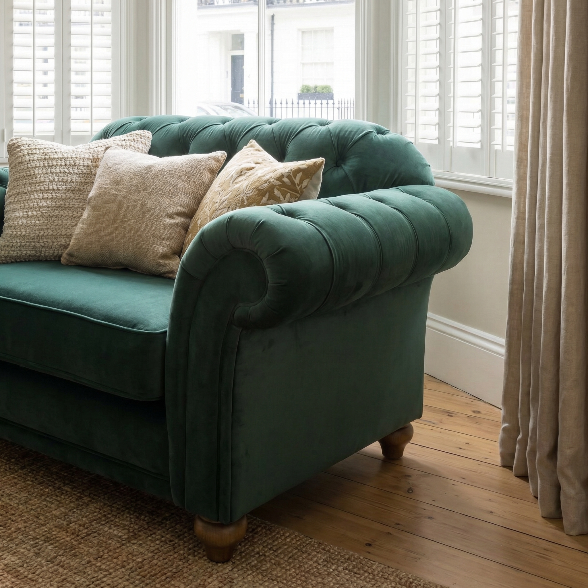 The Chesterfield Velvet Loveseat in Bottle Green, accented with beige and gold pillows, is placed in a bright room with wooden floors and large windows.