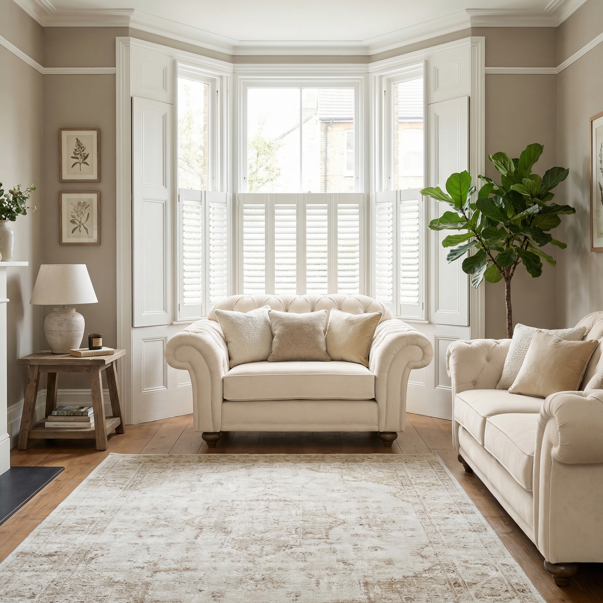Bright living room with cream sofas, a Chesterfield Velvet Loveseat in Cream, large window with shutters, potted plant, and neutral decor.