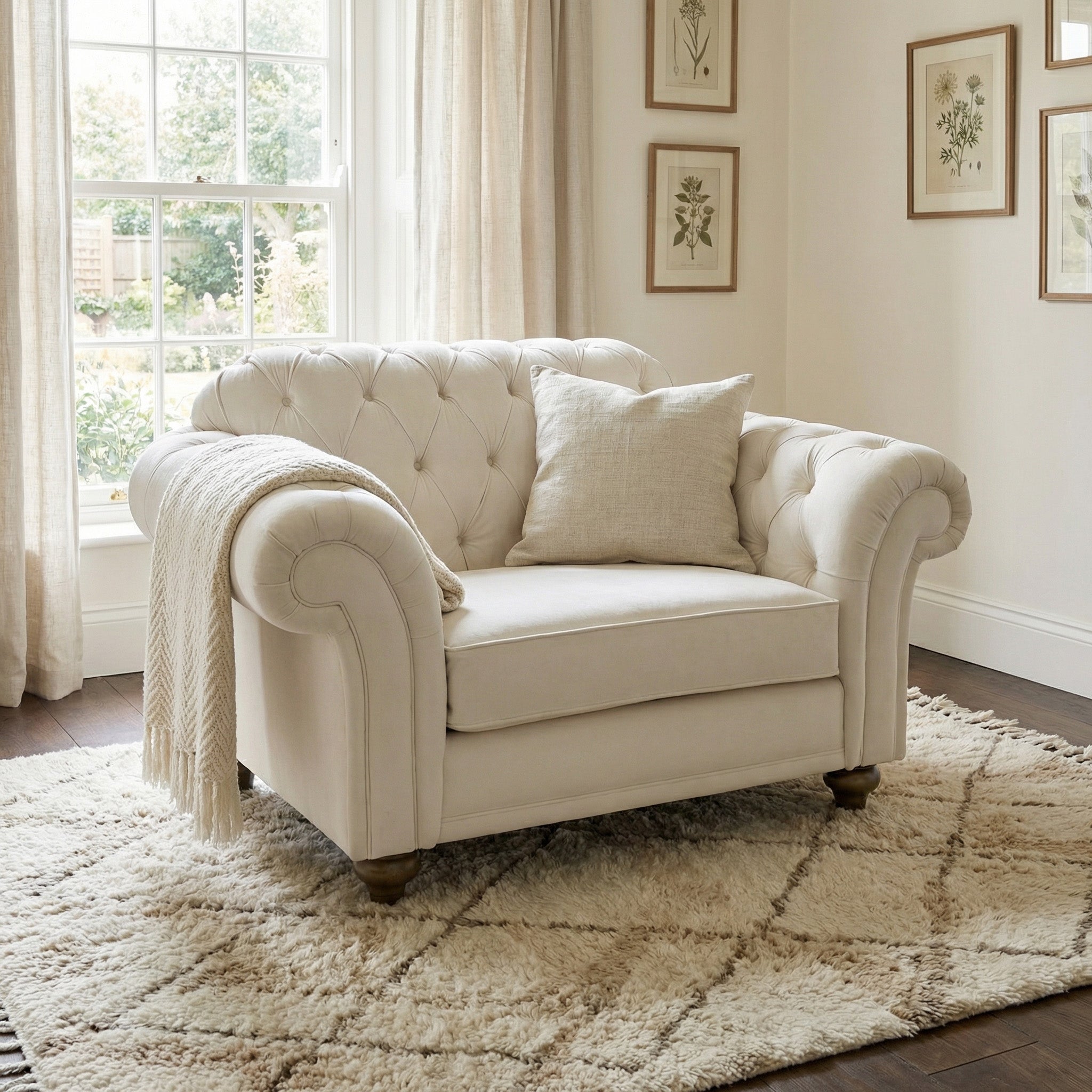 A beige tufted armchair with a pillow and blanket sits on a textured rug next to a Chesterfield Velvet Loveseat in Cream, creating a bright and cozy living room.