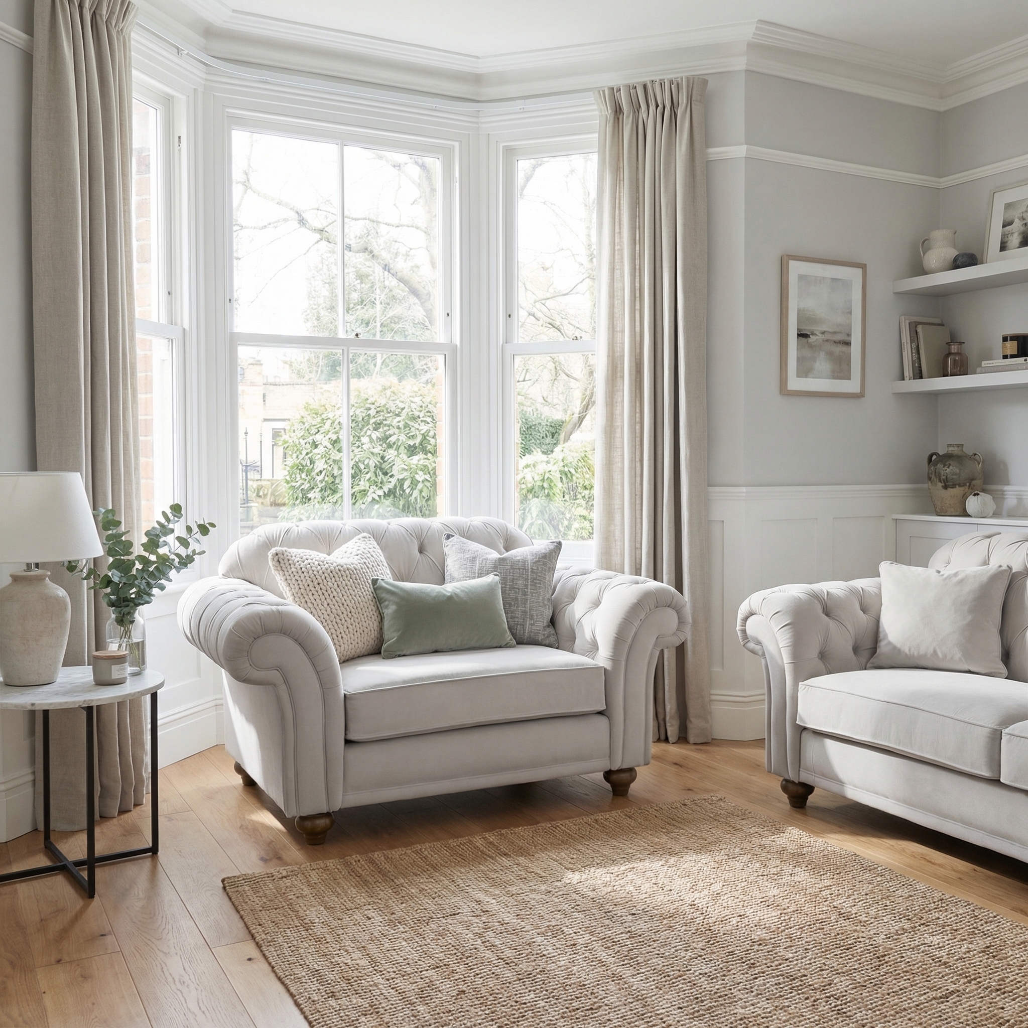 Bright living room with beige sofas, neutral decor, large windows, and light curtains letting in natural light—accented by a cozy Chesterfield Velvet Loveseat in Feather Grey.