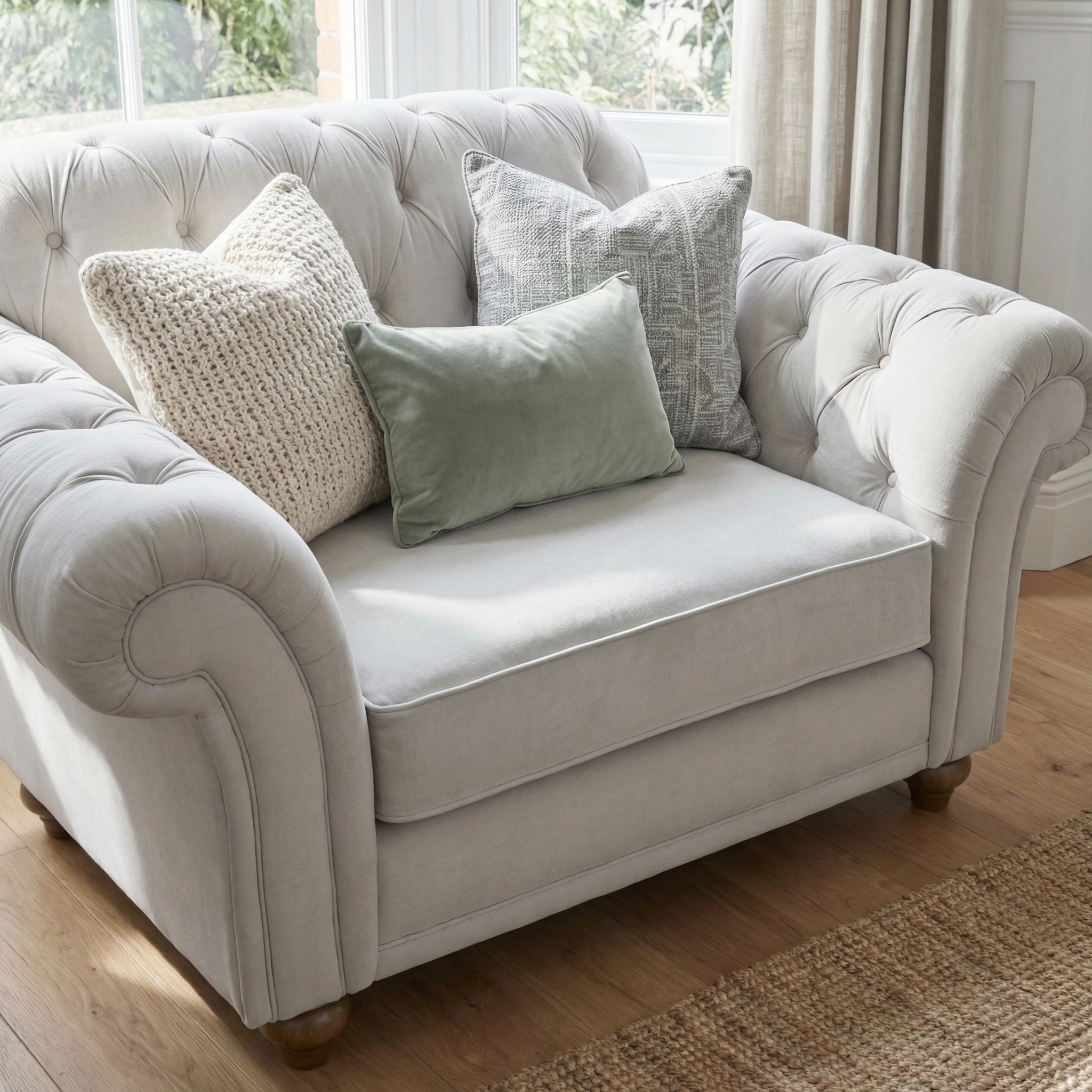 The Chesterfield Velvet Loveseat in Feather Grey, accented with three decorative pillows, sits on a wooden floor near a curtained window.