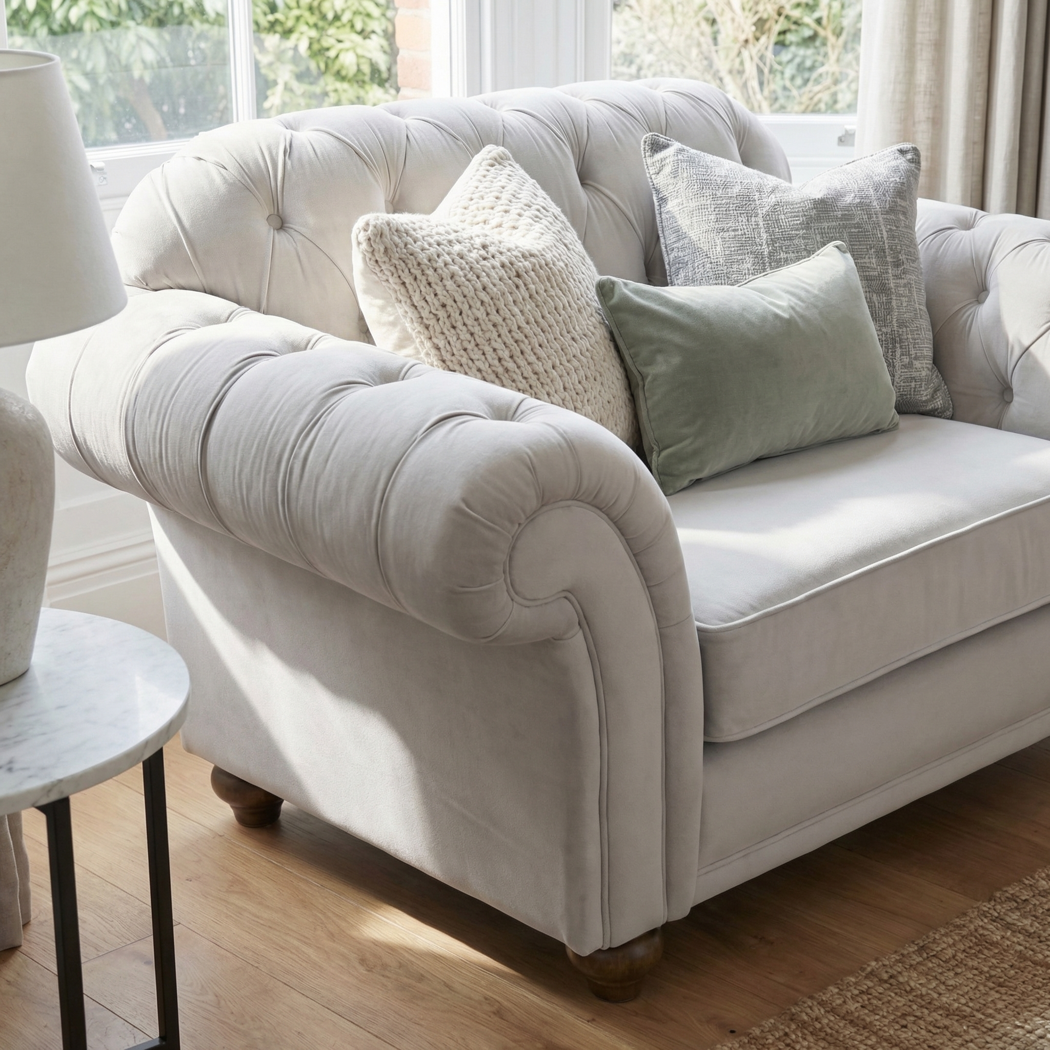 The Chesterfield Velvet Loveseat in Feather Grey, featuring tufted cushions, adds classic charm beside a round side table in the sunlit living room.