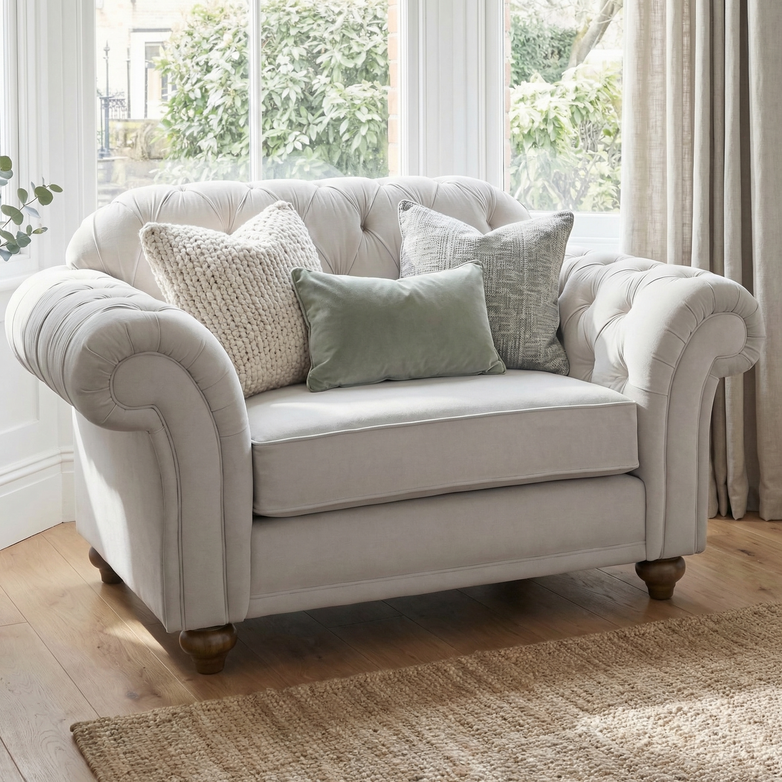 A Chesterfield Velvet Loveseat in Feather Grey, accented with four decorative pillows, sits by large windows in a bright, cozy room.