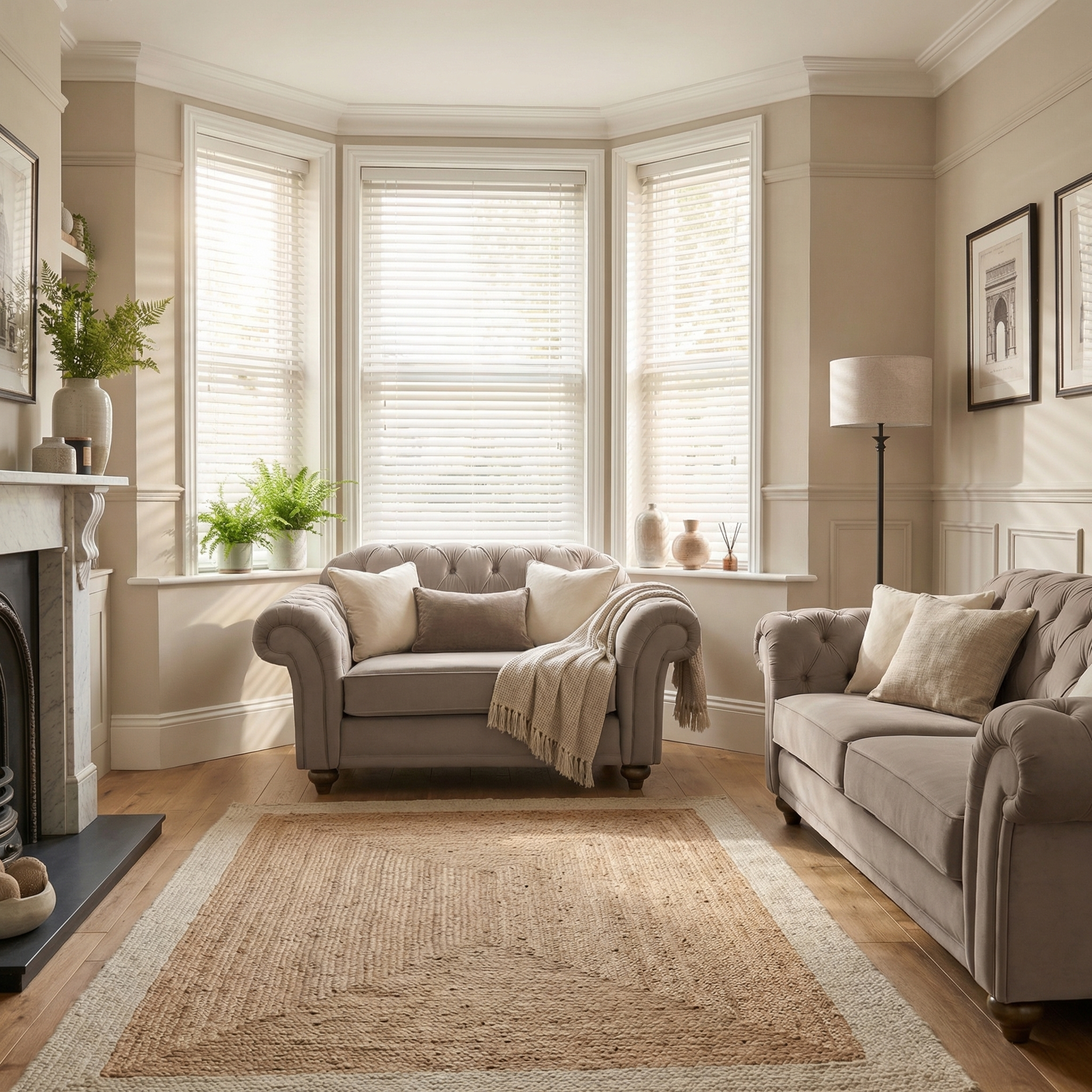 Bright living room with two grey sofas, a Chesterfield Velvet Loveseat in Mink, a rug, plants, framed art, and large bay windows with blinds.