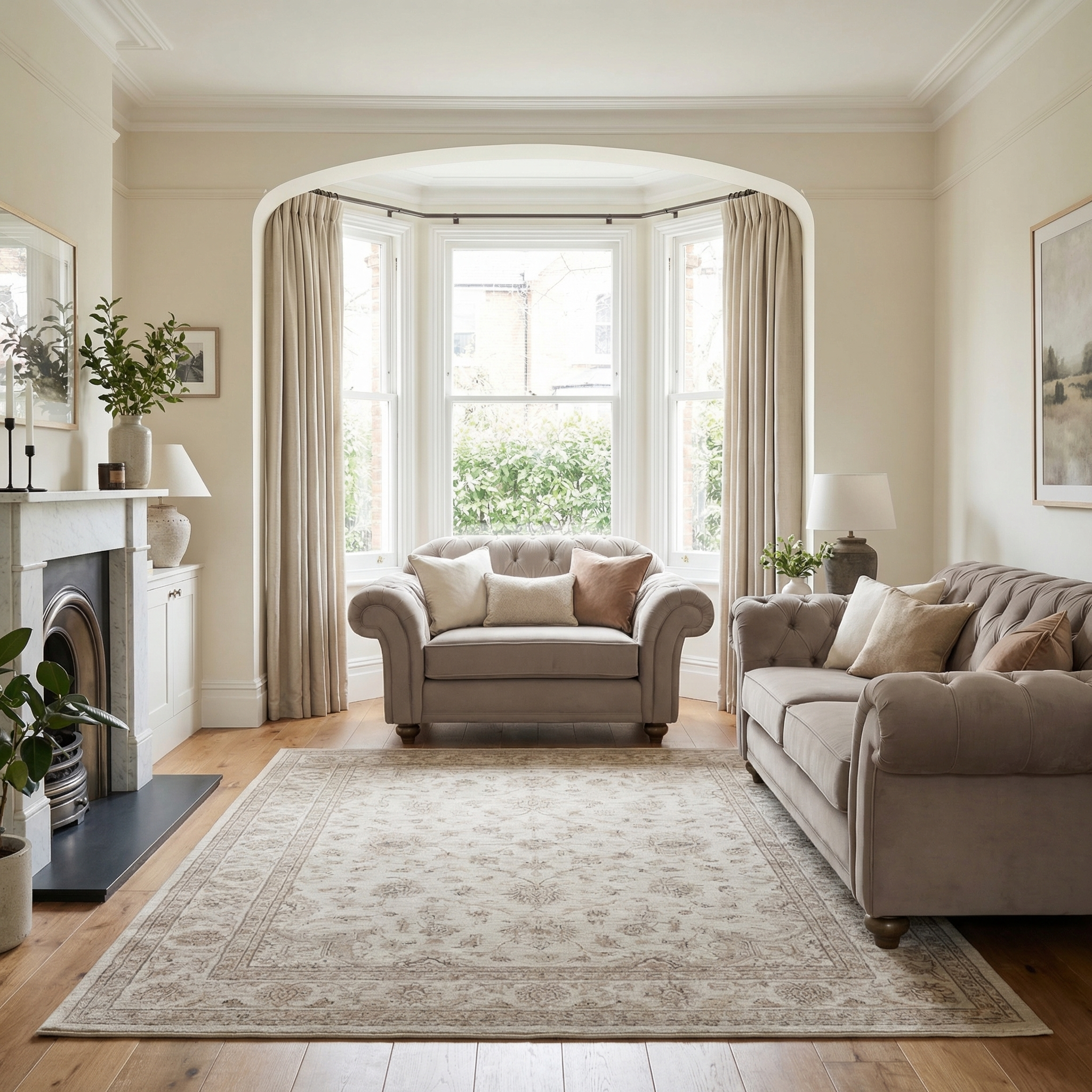 Bright, elegant living room with beige sofas, a Chesterfield Velvet Loveseat in Mink, large windows, a rug, plants, and neutral decor.