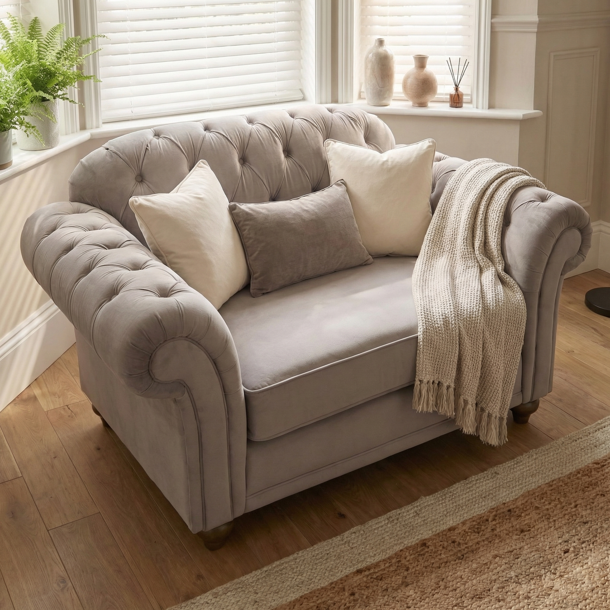 The Chesterfield Velvet Loveseat in Mink, featuring tufted cushions and a knitted throw, sits by a window decorated with vases and plants.