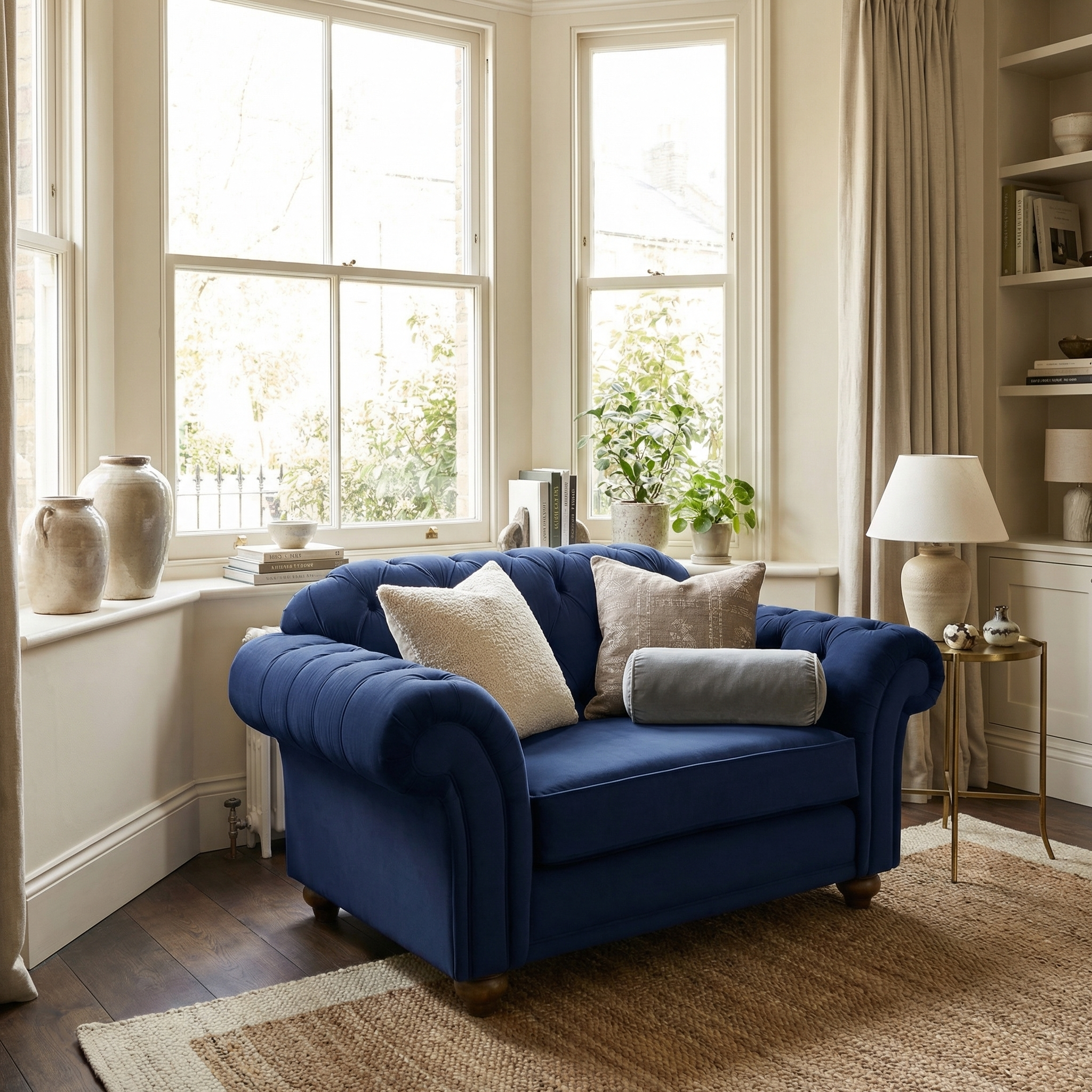 A Chesterfield Velvet Loveseat in Royal Blue with cushions is placed by large windows in a bright, stylish living room.