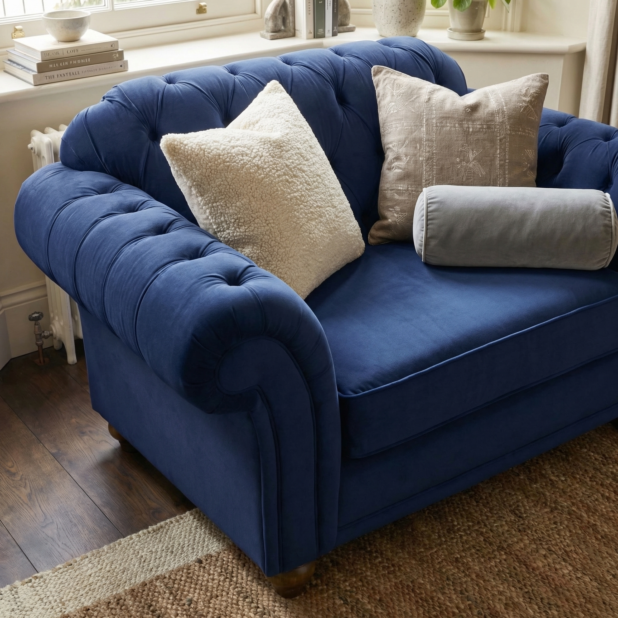 The Chesterfield Velvet Loveseat in Royal Blue with three cushions sits on a woven rug by the window, where books and decor line the sill.