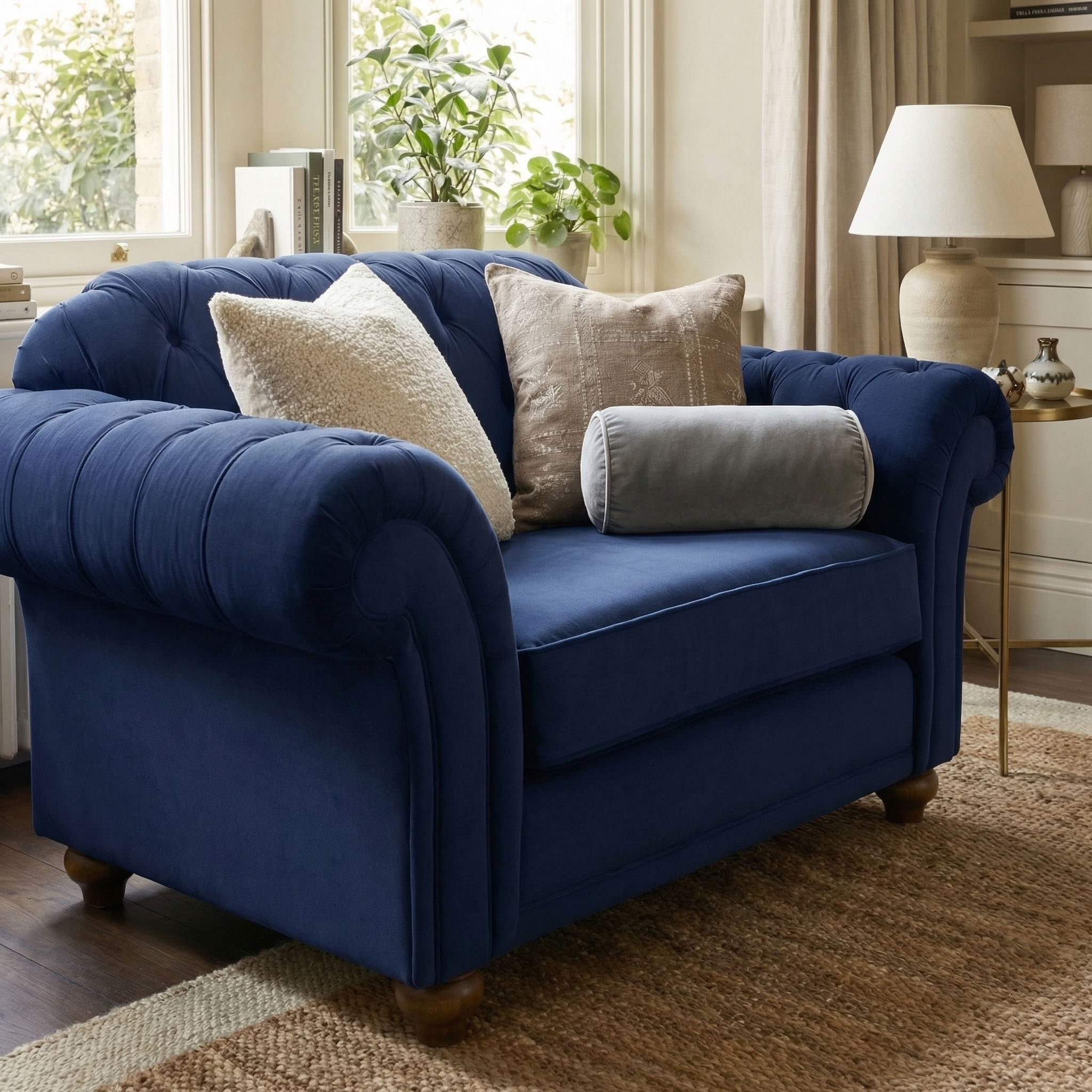 A Chesterfield Velvet Loveseat in Royal Blue with cushions sits in a cozy living room filled with natural light and houseplants.