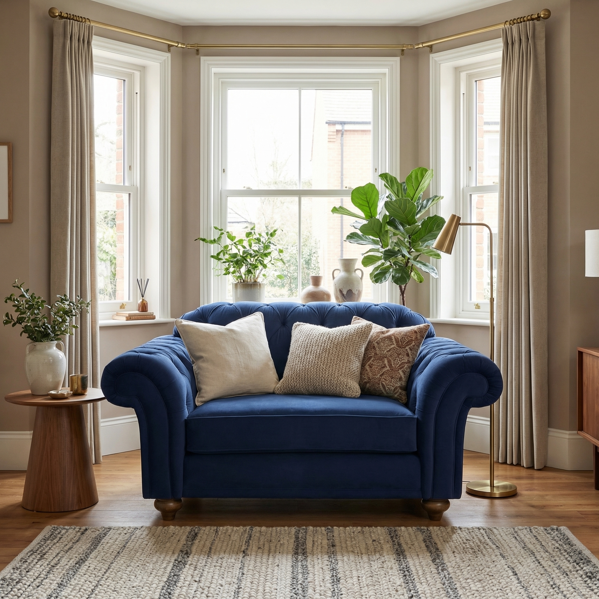 The Chesterfield Velvet Loveseat in Royal Blue, paired with cushions, is placed before bay windows amid plants and neutral decor, creating a cozy living room vibe.