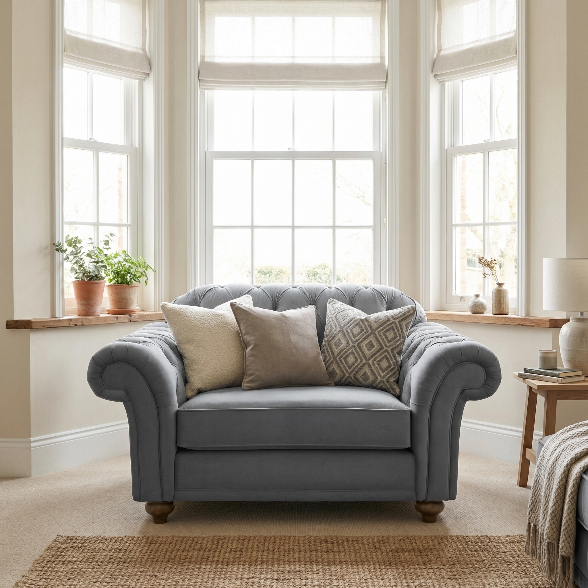 A Chesterfield Velvet Loveseat in Steel Grey with cushions is featured in a bright room with bay windows, plants, and neutral decor.