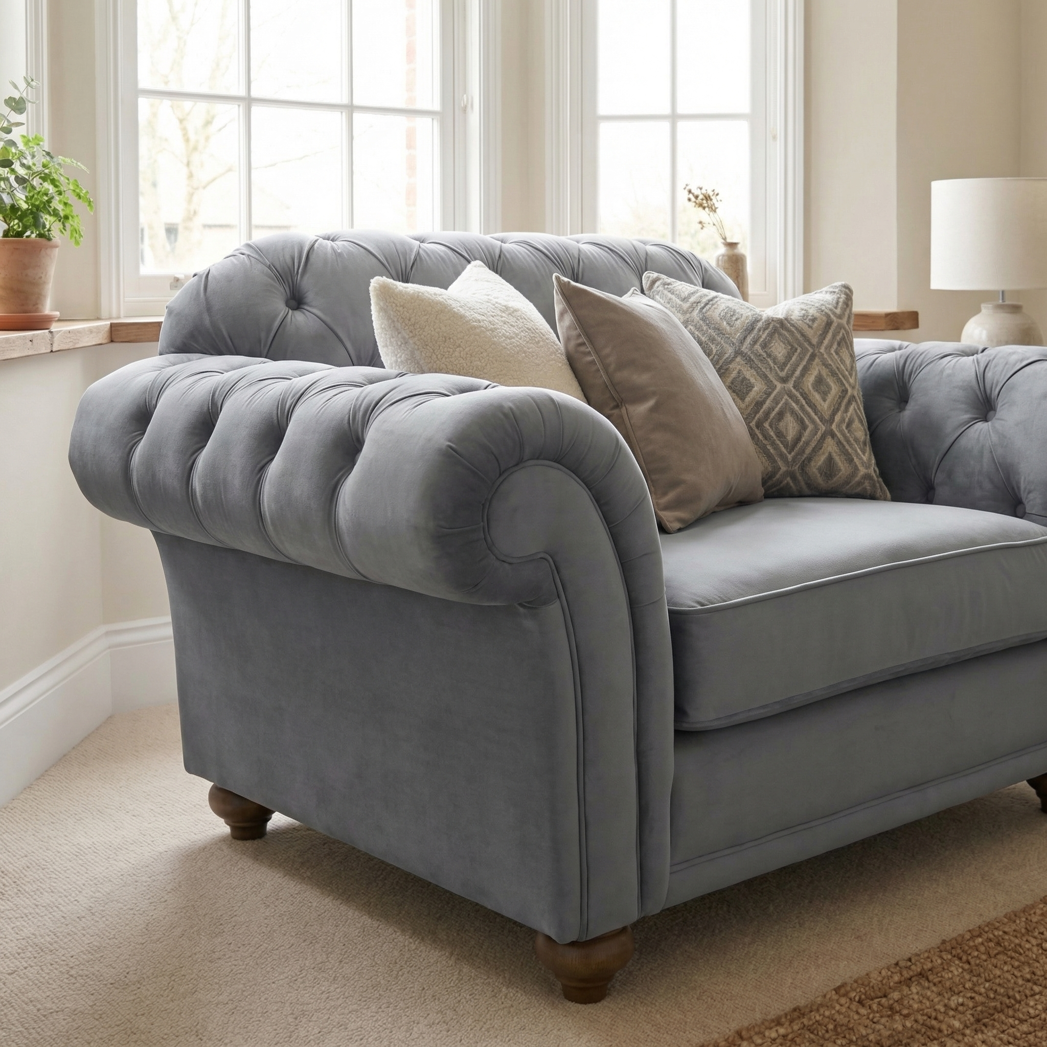 The Chesterfield Velvet Loveseat in Steel Grey, accented with assorted pillows, is placed in a bright living room near large windows.