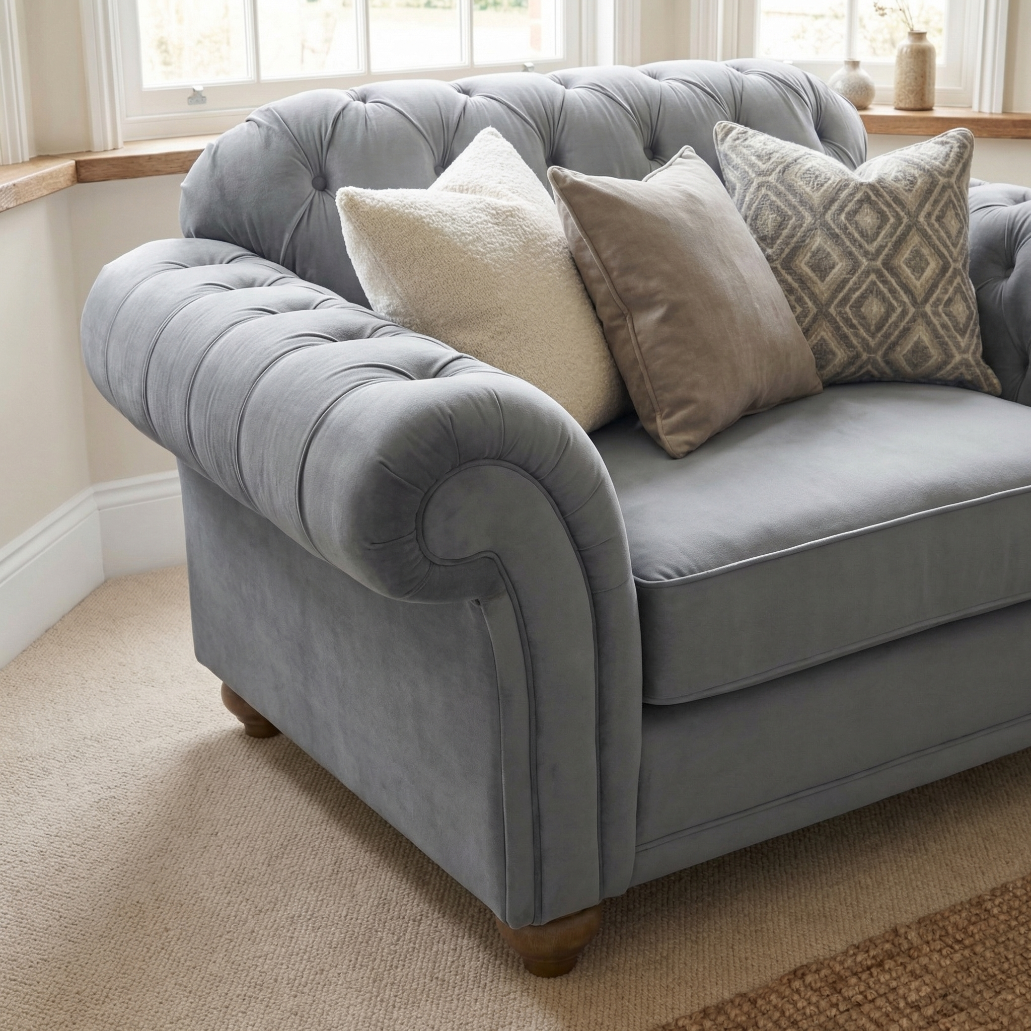 A Chesterfield Velvet Loveseat in Steel Grey with four pillows sits on a beige carpet near bay windows.