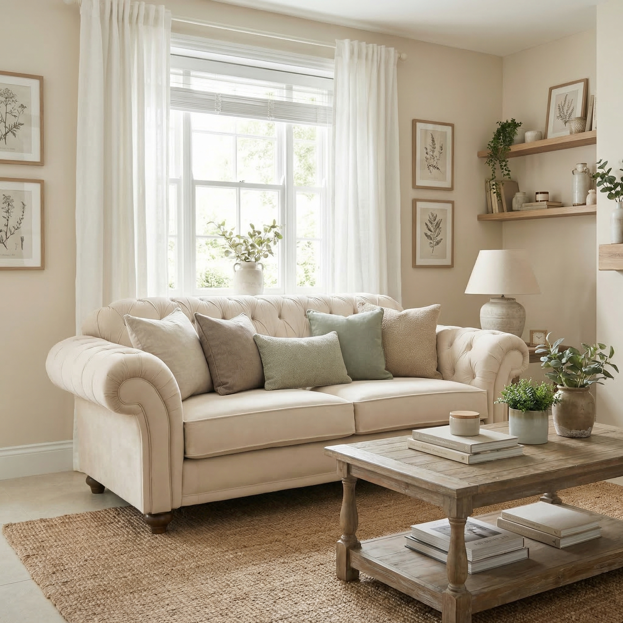 Bright living room with a Chesterfield 2 Seat Velvet Sofa in cream, pastel pillows, a wooden coffee table, and botanical wall art.