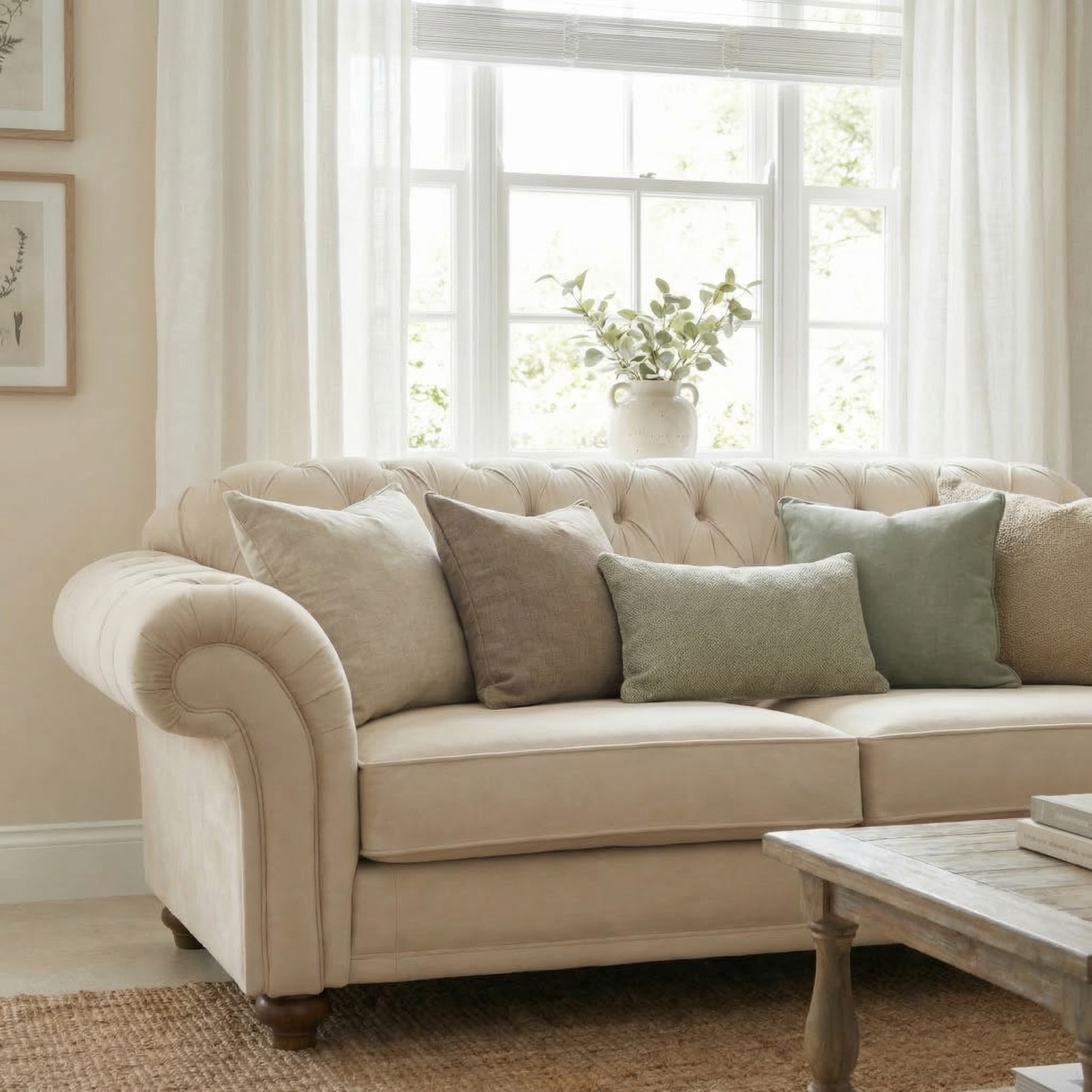 A Chesterfield 2 Seat Velvet Sofa in Cream with assorted neutral cushions sits by a window with white curtains and a vase of greenery.