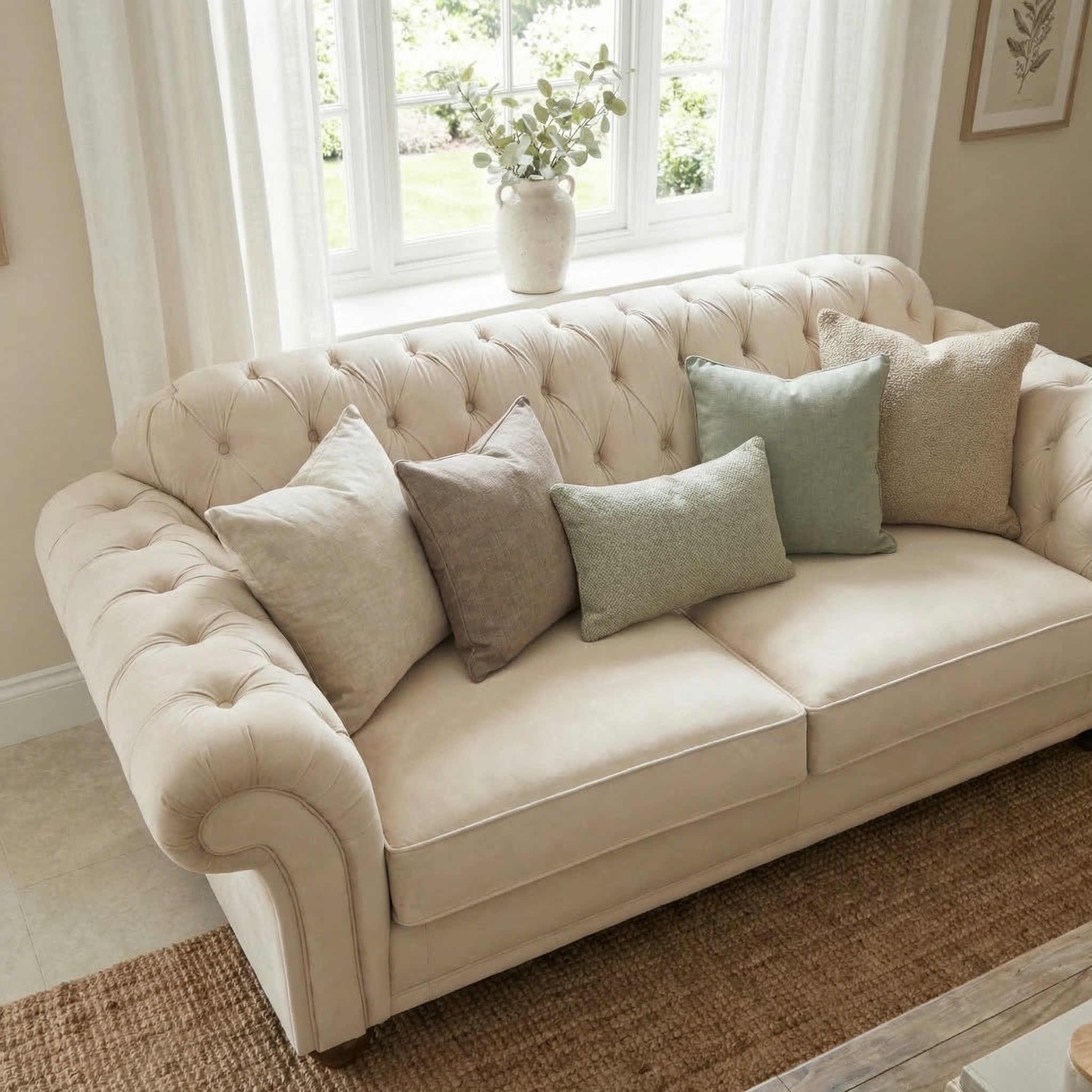The Chesterfield 2 Seat Velvet Sofa in Cream is styled with five neutral throw pillows and placed in a bright room near a window.