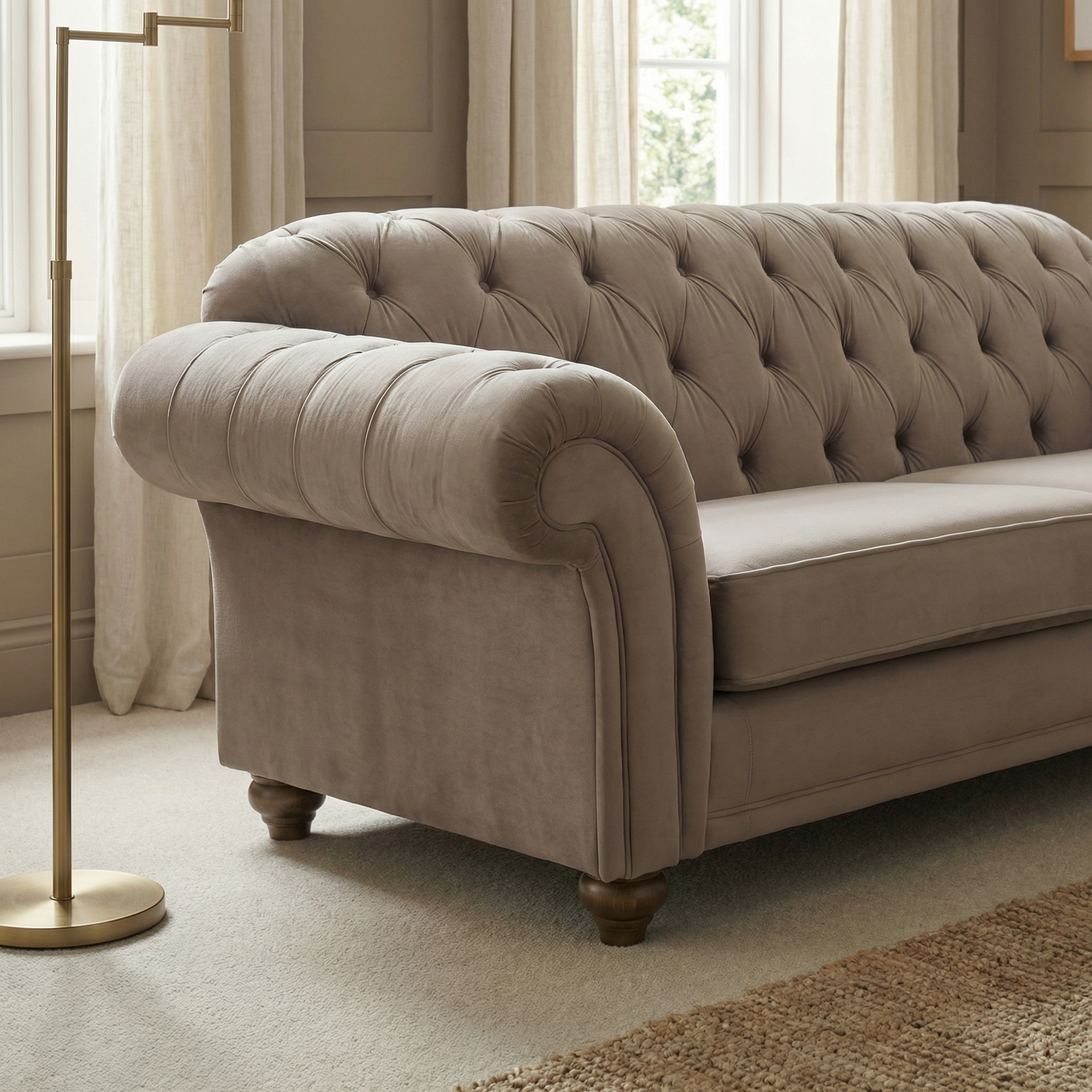 A Chesterfield 3 Seat Velvet Sofa in Mink, featuring tufted details and rolled arms, sits in a cozy, well-lit living room.