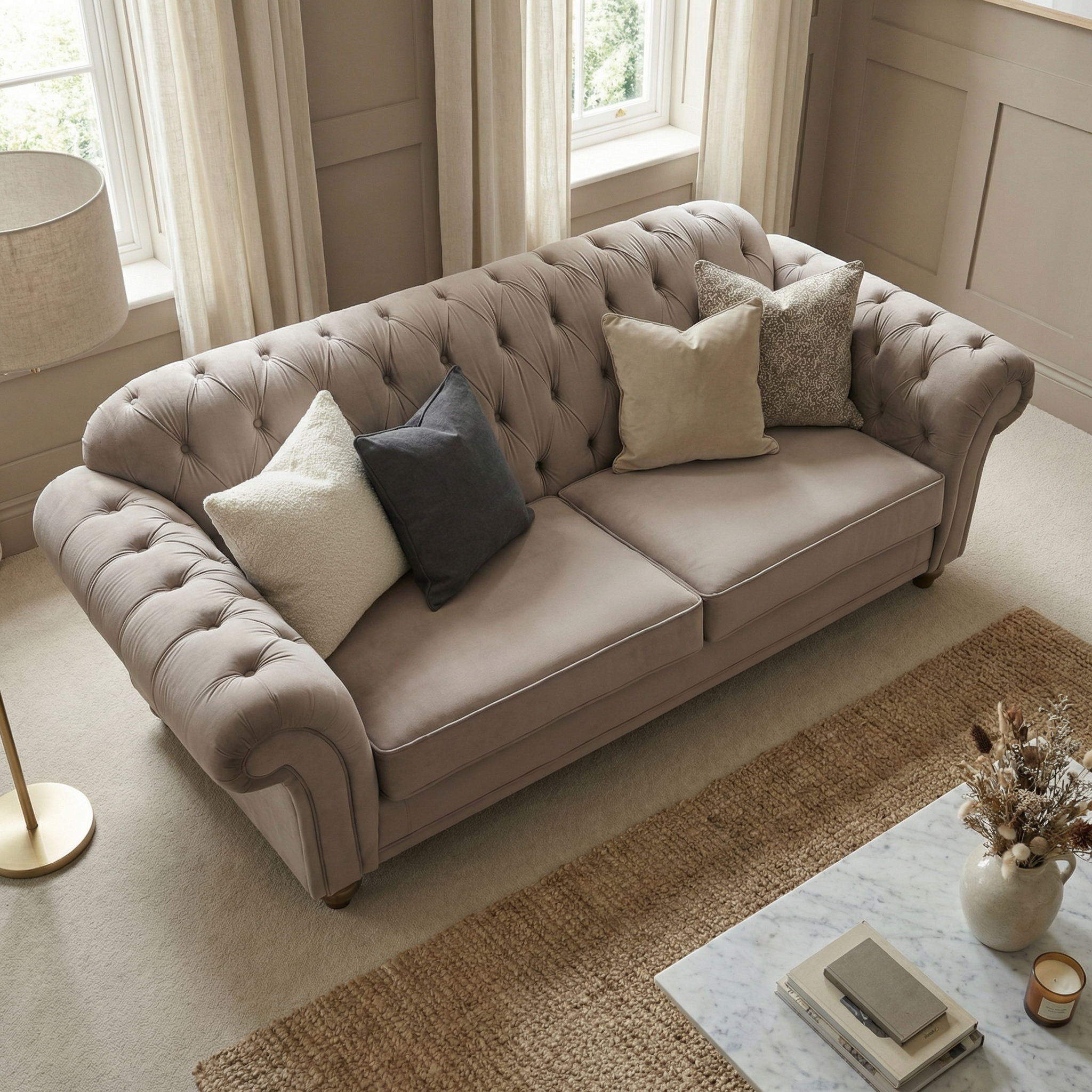 Chesterfield 3 Seat Velvet Sofa in Mink with four throw pillows in a cozy, neutral-toned living room featuring large windows.