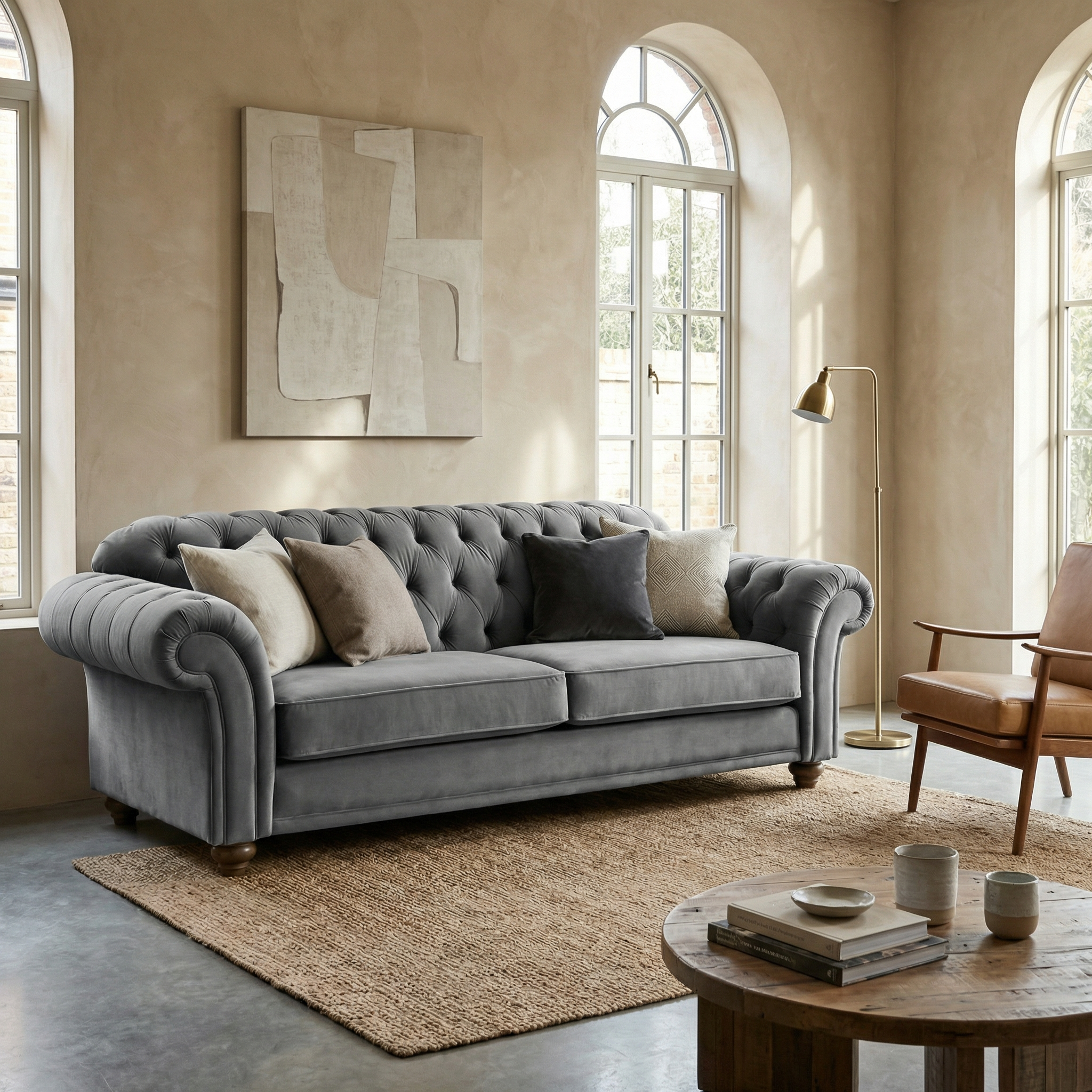 A Chesterfield 3 Seat Velvet Sofa in Steel Grey is placed in a well-lit room with arched windows and modern artwork.