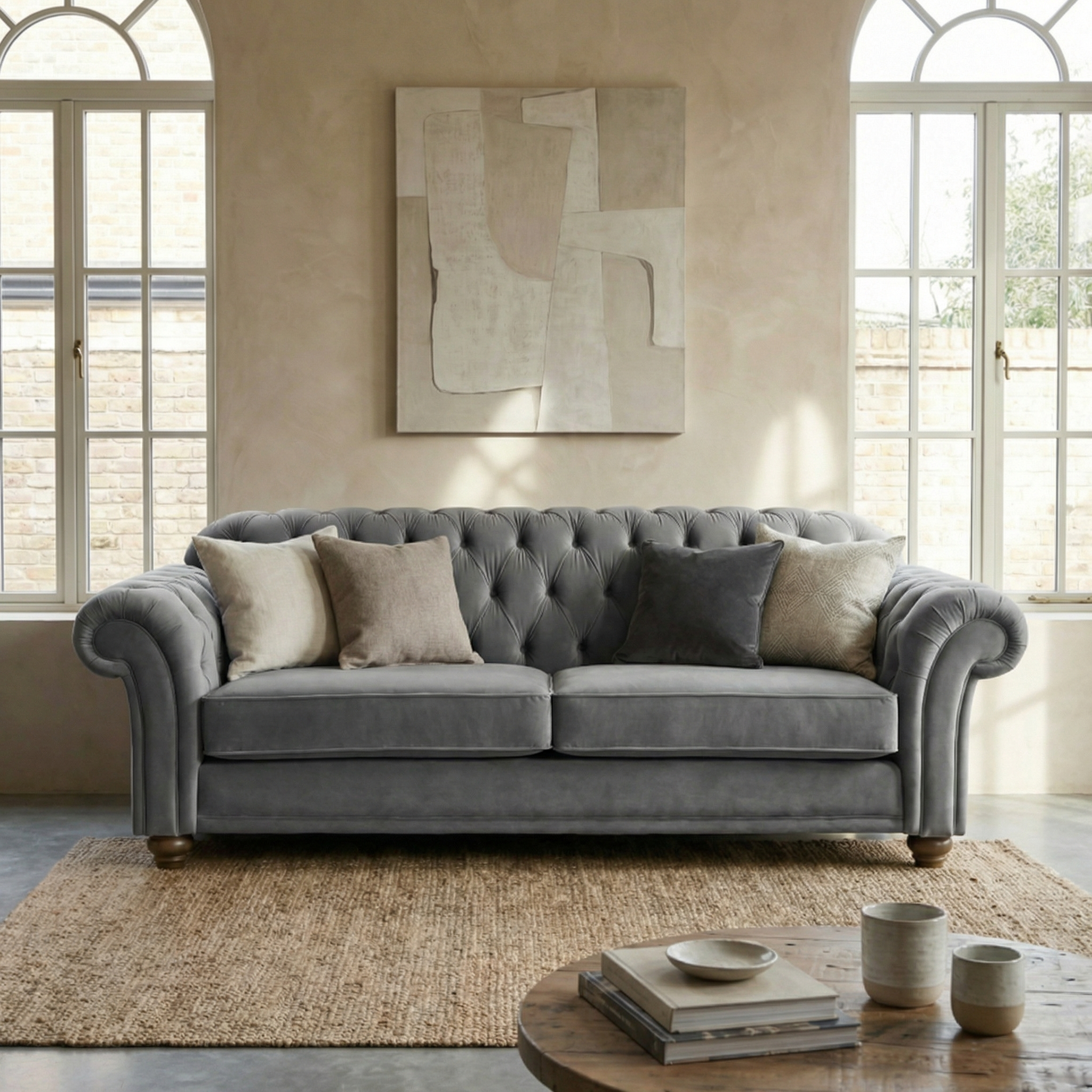 Chesterfield 3 Seat Velvet Sofa in Steel Grey with neutral pillows, placed on a rug in a bright room featuring arched windows and abstract wall art.