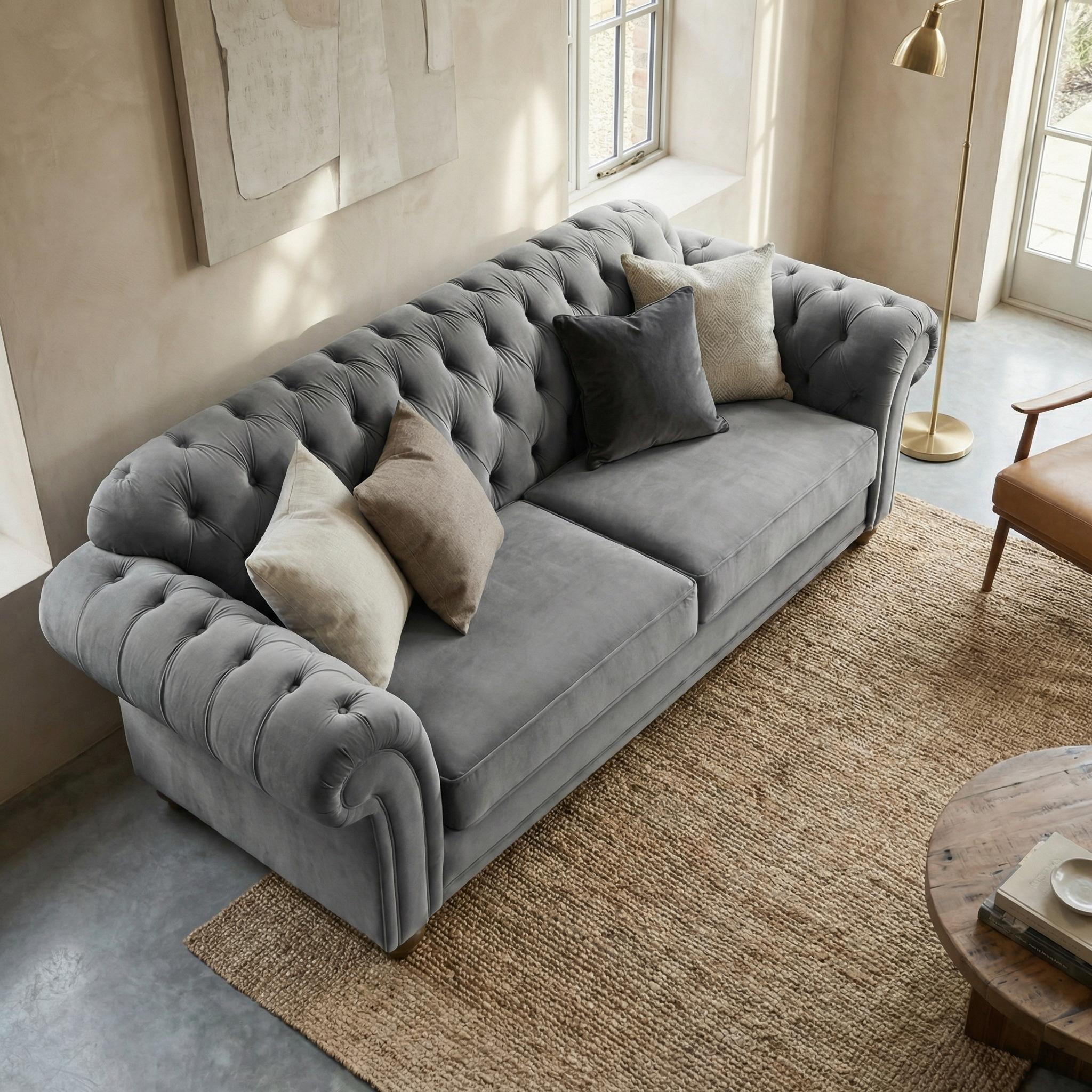 The Chesterfield 3 Seat Velvet Sofa in Steel Grey is shown with assorted pillows in a cozy living room filled with natural light and neutral décor.