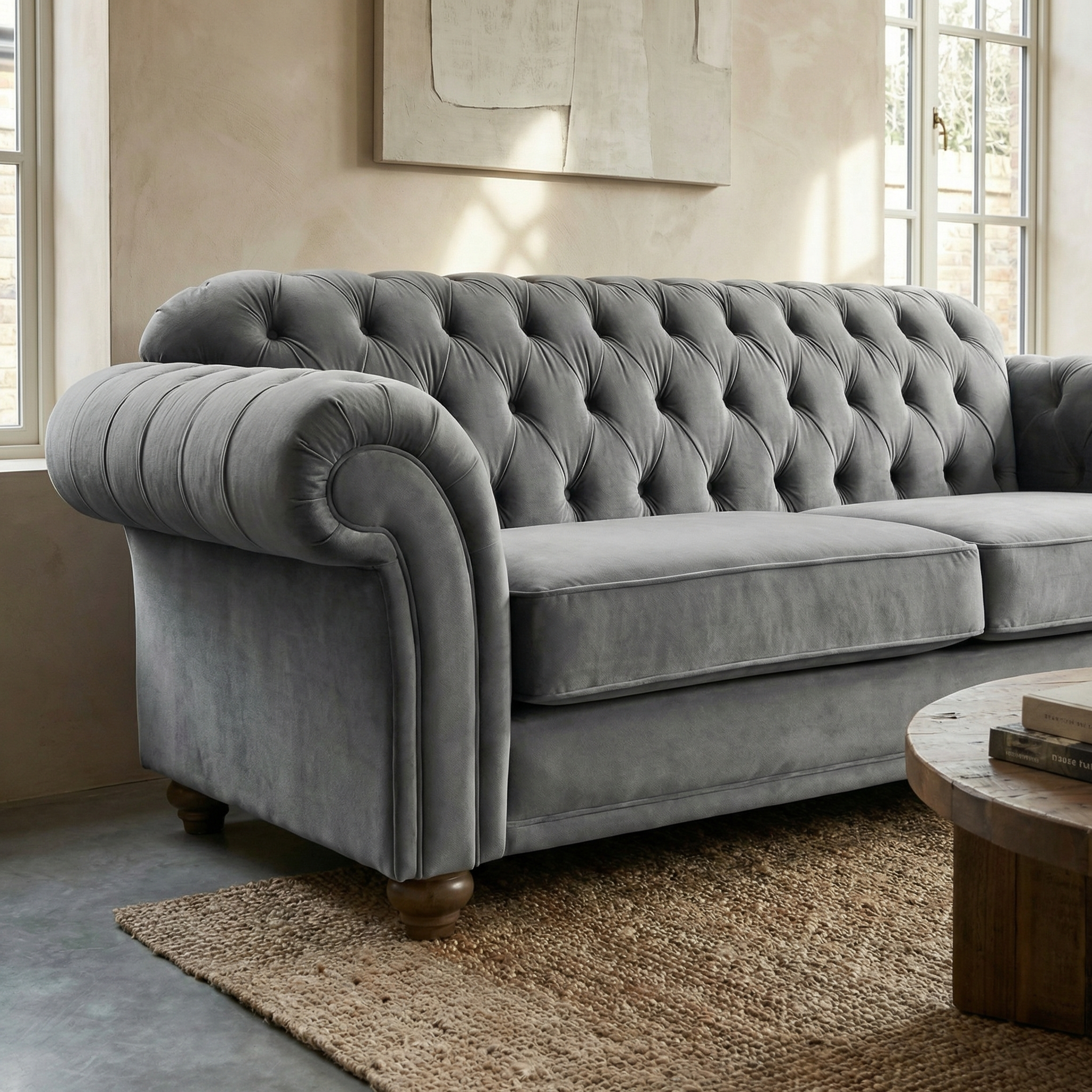 A Chesterfield 3 Seat Velvet Sofa in Steel Grey sits on a woven rug in a sunlit living room with light-colored walls.