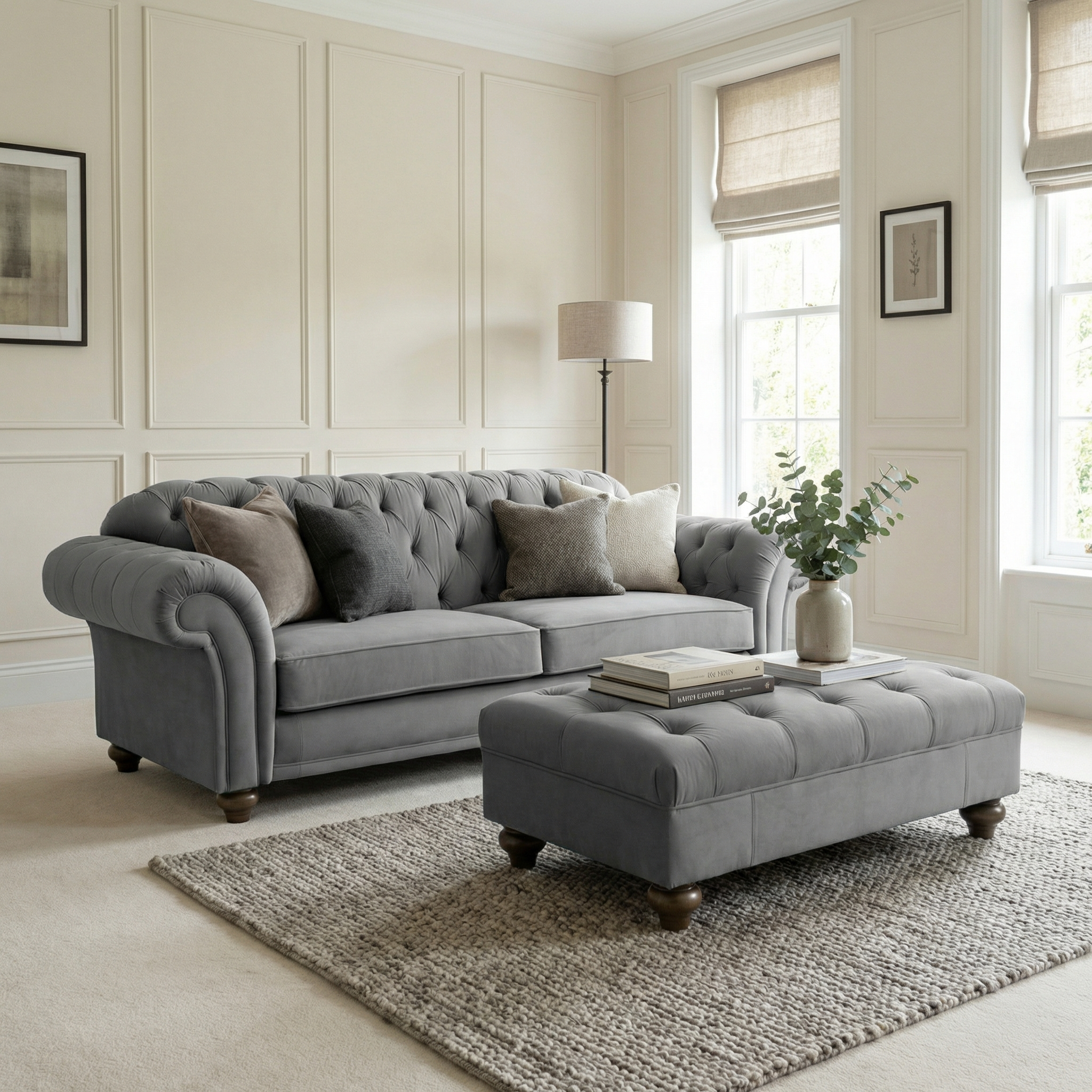 Chesterfield 3 Seat Velvet Sofa in Steel Grey featured with an ottoman in a bright living room with neutral decor, a rug, and large windows.
