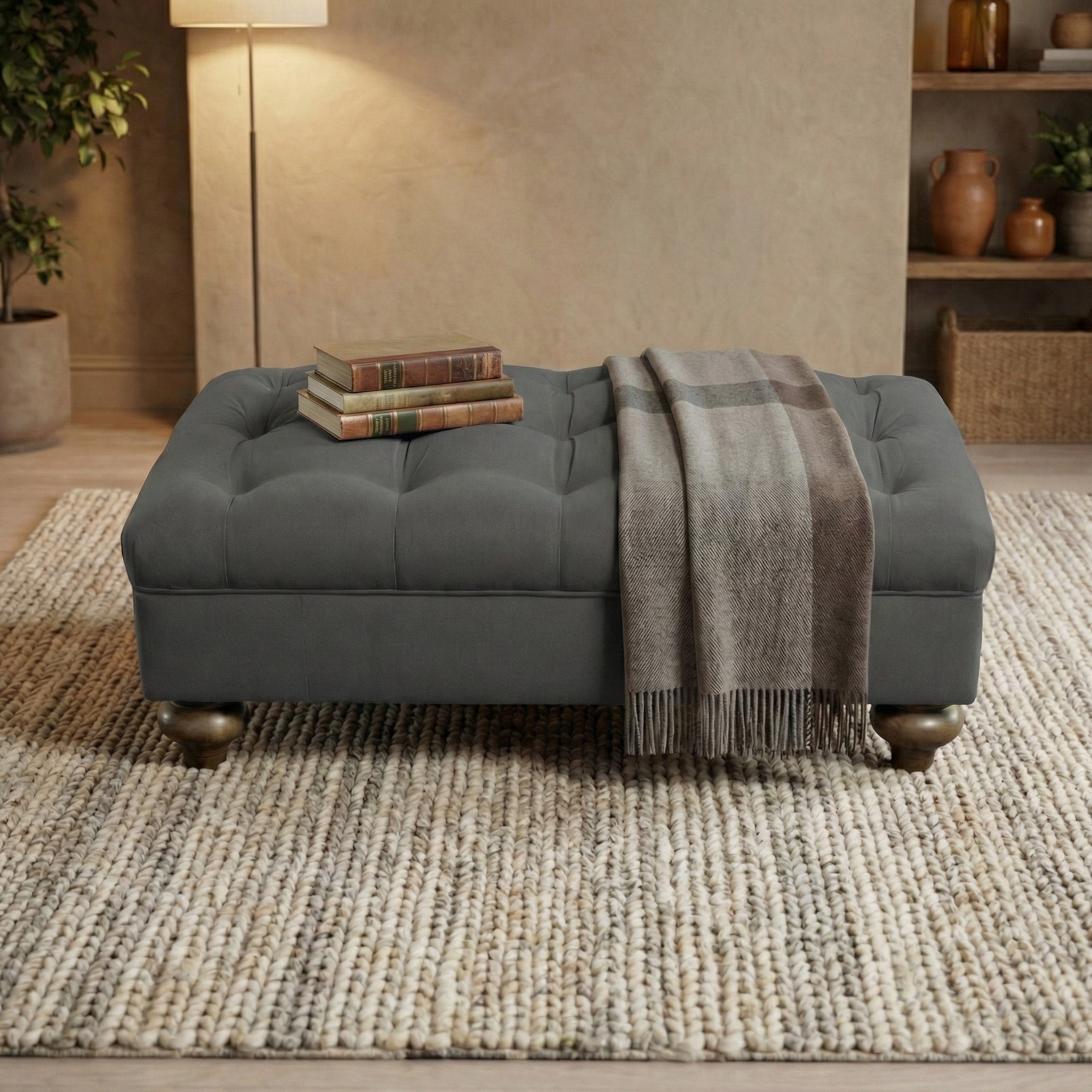 The Chesterfield Footstool in Smoke Grey is a handcrafted piece, ideal as an elegant footrest or for neatly displaying a stack of books.