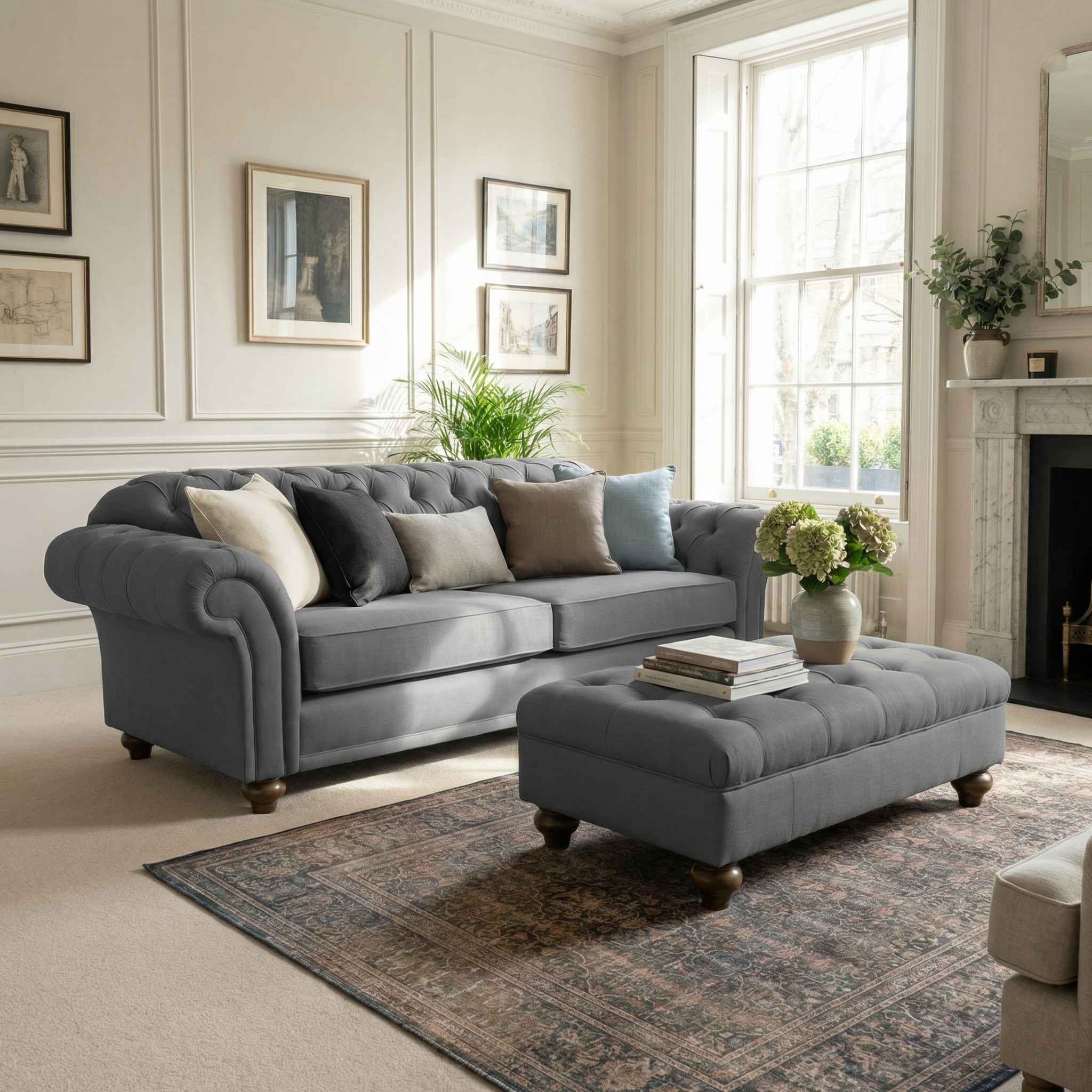 Elegant living room with a Smoke Grey sofa, Chesterfield Footstool in Smoke Grey, matching cushions, a stylish rug, and a large window filling the space with natural light.