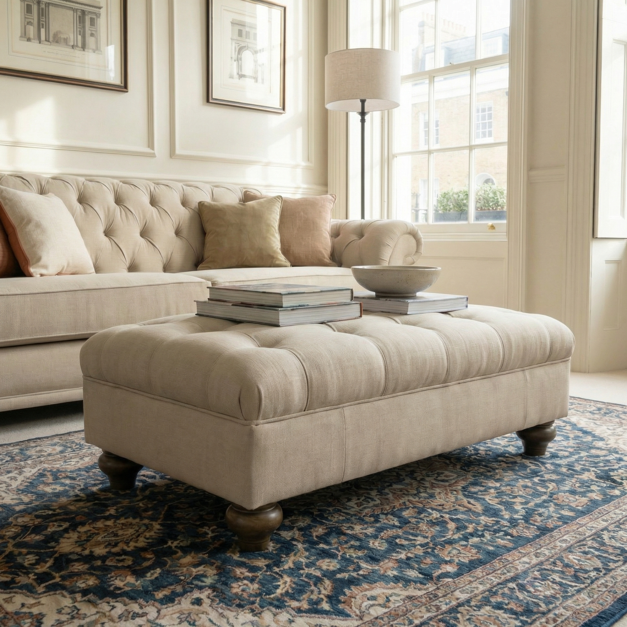 The Chesterfield Footstool in Beige is shown with books and a bowl in a bright, elegant living room that also features a sofa and a patterned rug.