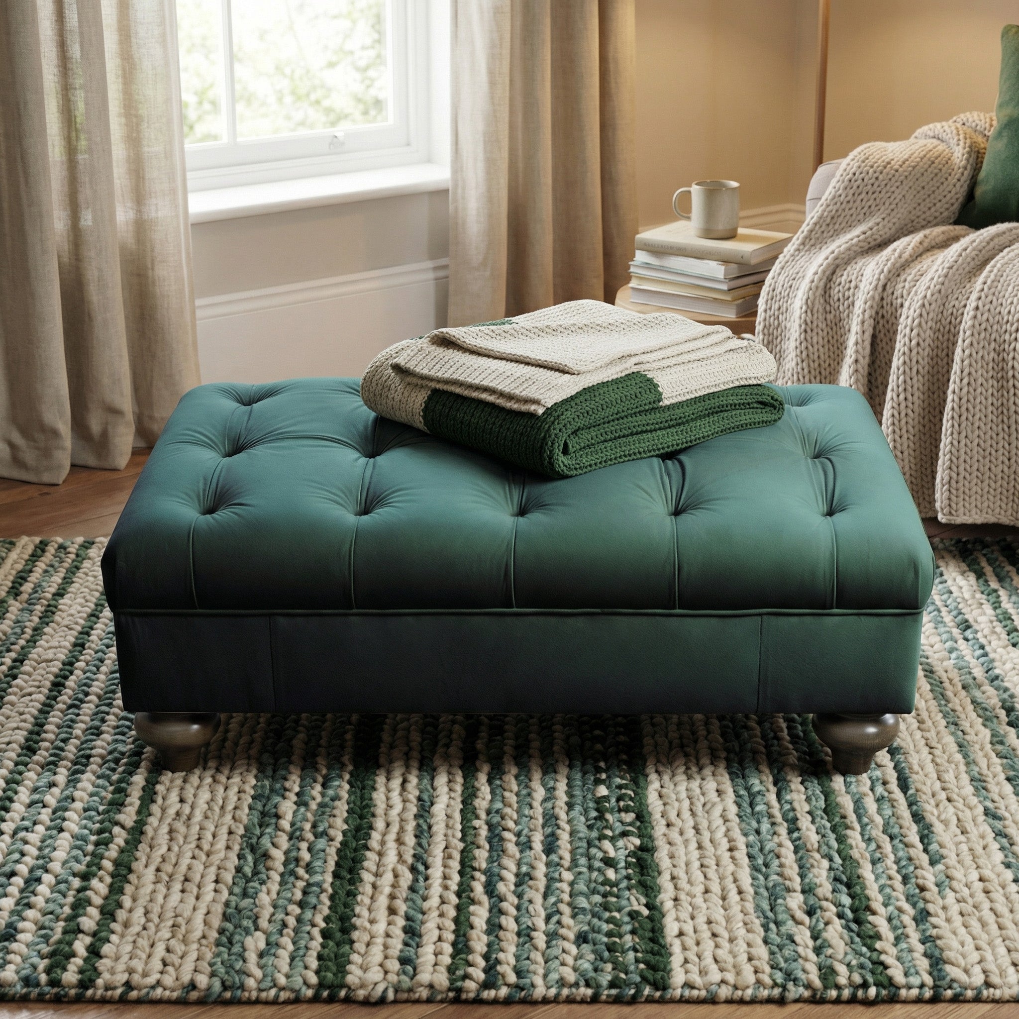 The Chesterfield Velvet Footstool in Bottle Green, stacked with folded blankets, sits on a textured rug in a cozy, sunlit room.