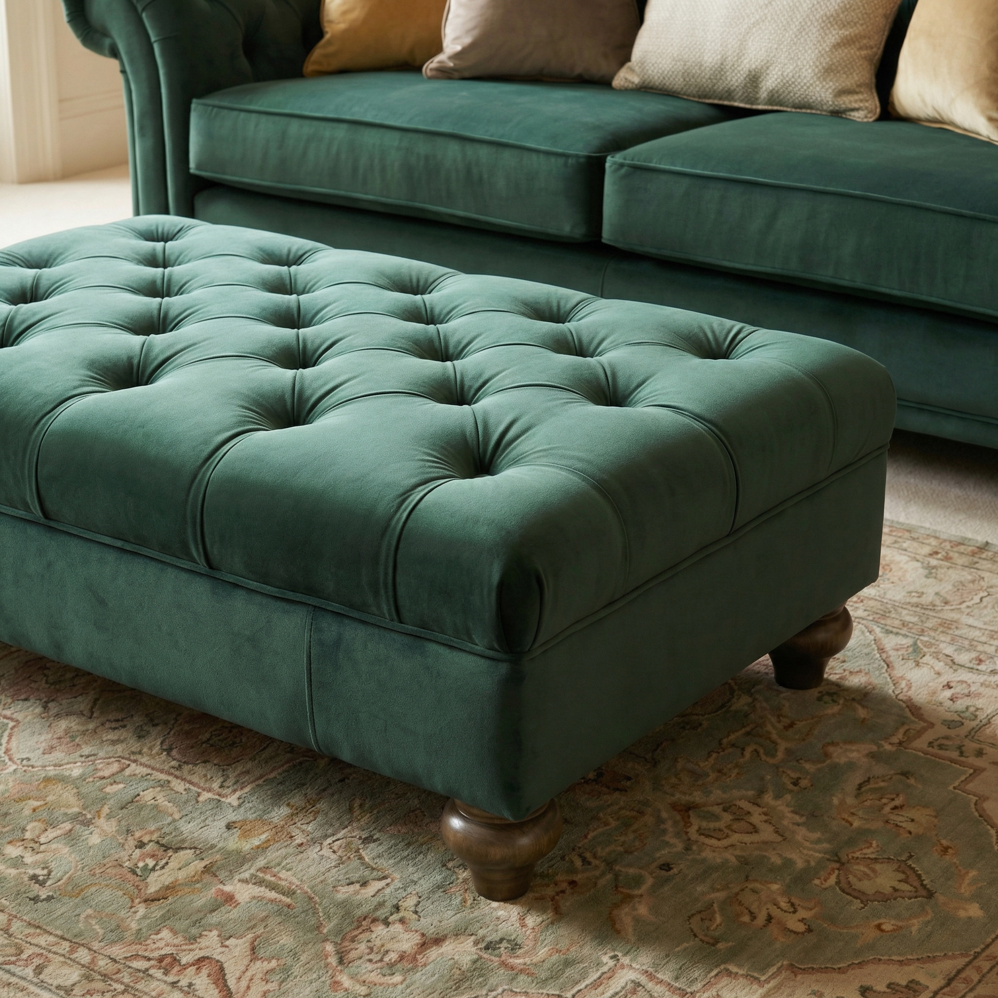 Chesterfield Velvet Footstool in Bottle Green placed on an ornate rug, positioned before a matching green sofa adorned with beige throw pillows.
