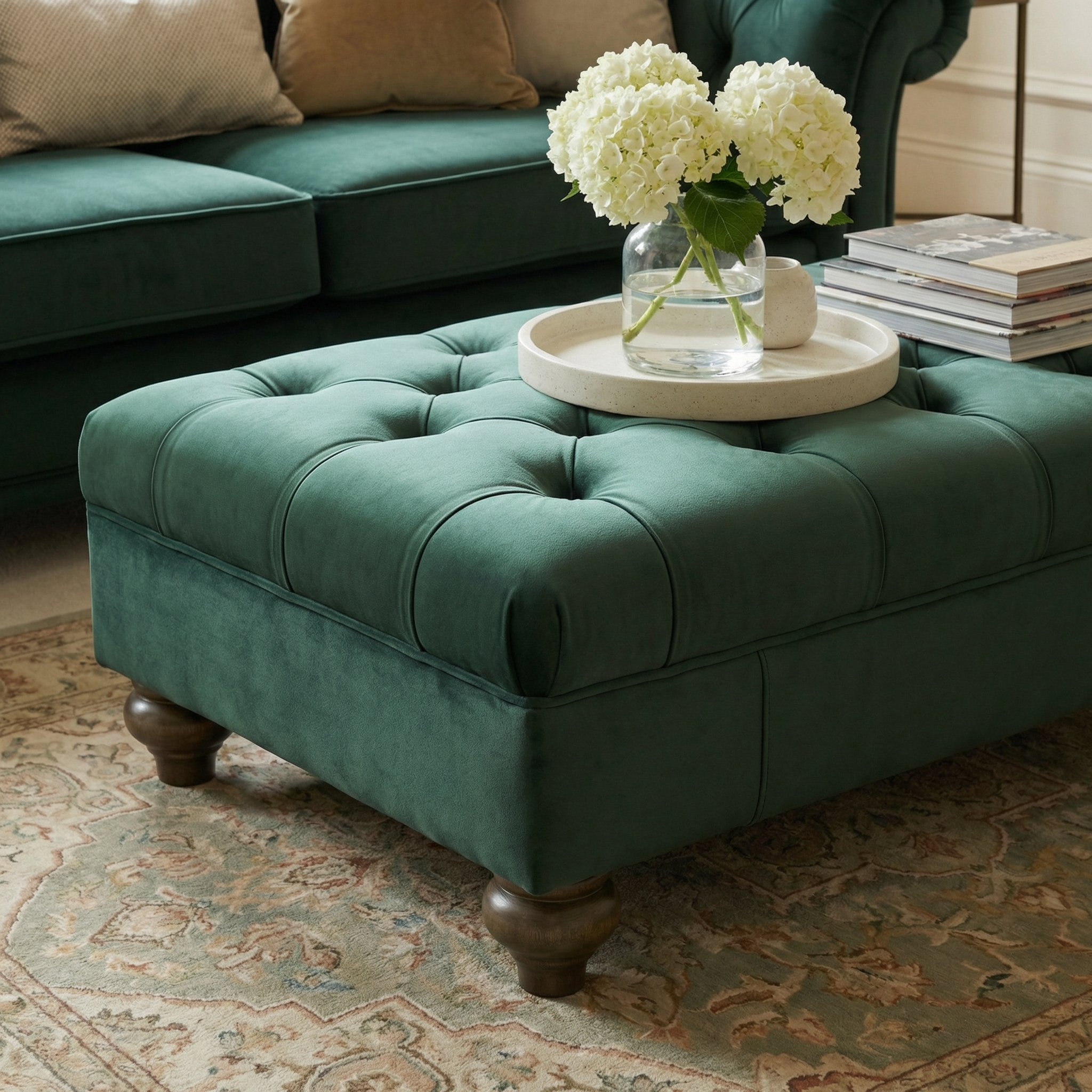 The Chesterfield Velvet Footstool in Bottle Green, topped with a round tray, white flowers, and books, is placed before a matching sofa on a patterned rug.