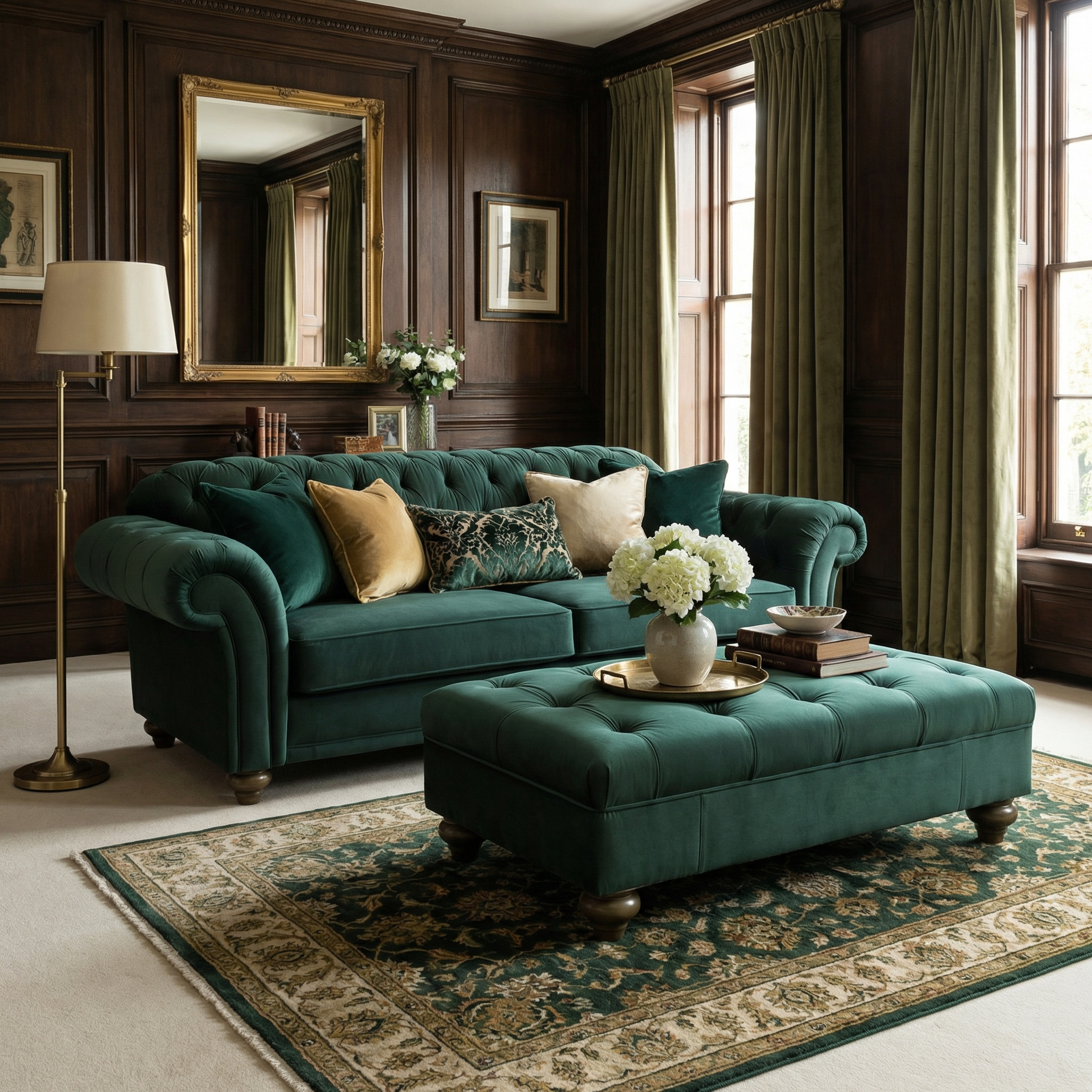 Elegant living room with a green velvet sofa, Chesterfield Velvet Footstool in Bottle Green, floral accents, and dark wood paneling.