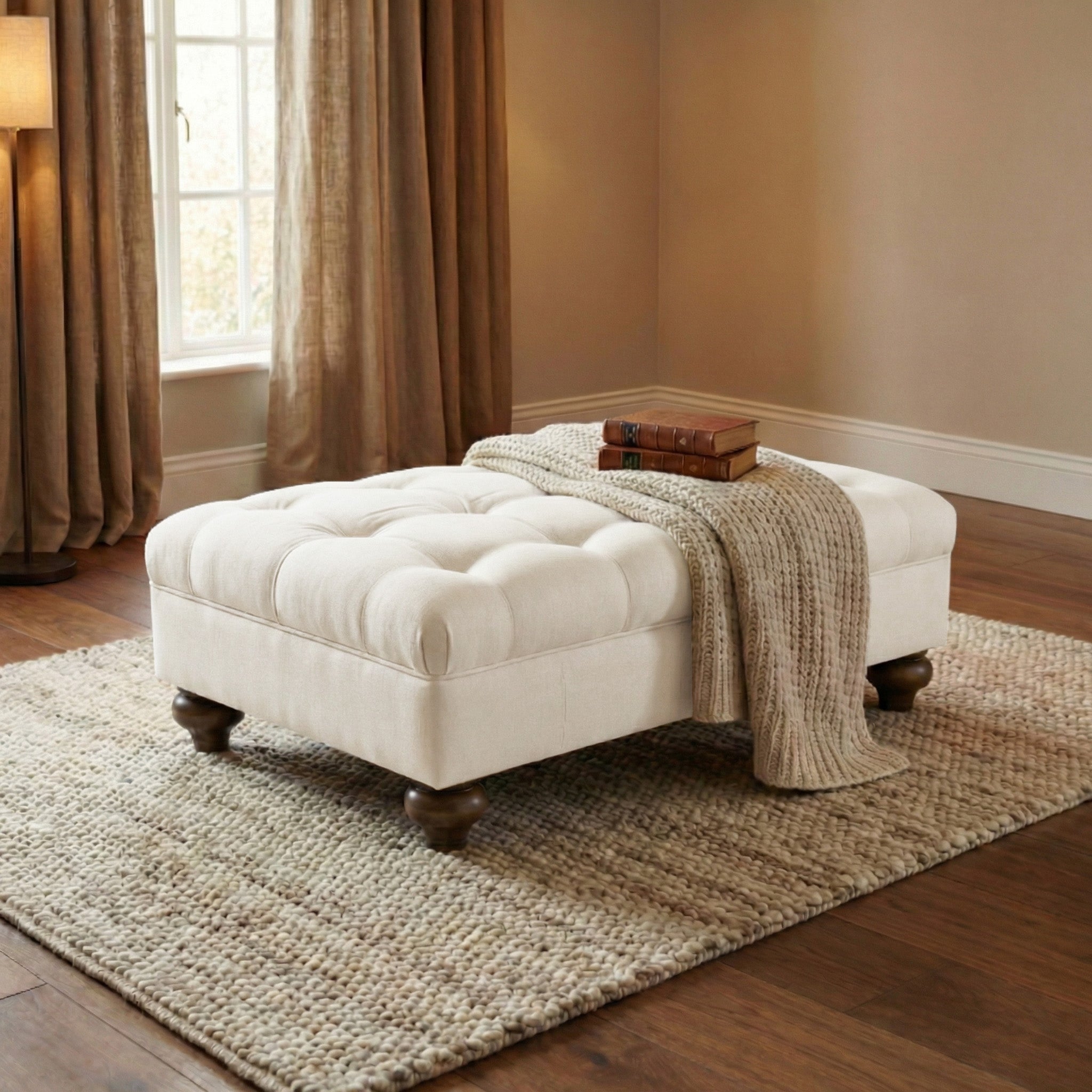The Chesterfield Velvet Footstool in Cream sits with a knit throw and books on a textured rug in a cozy, sunlit living room.