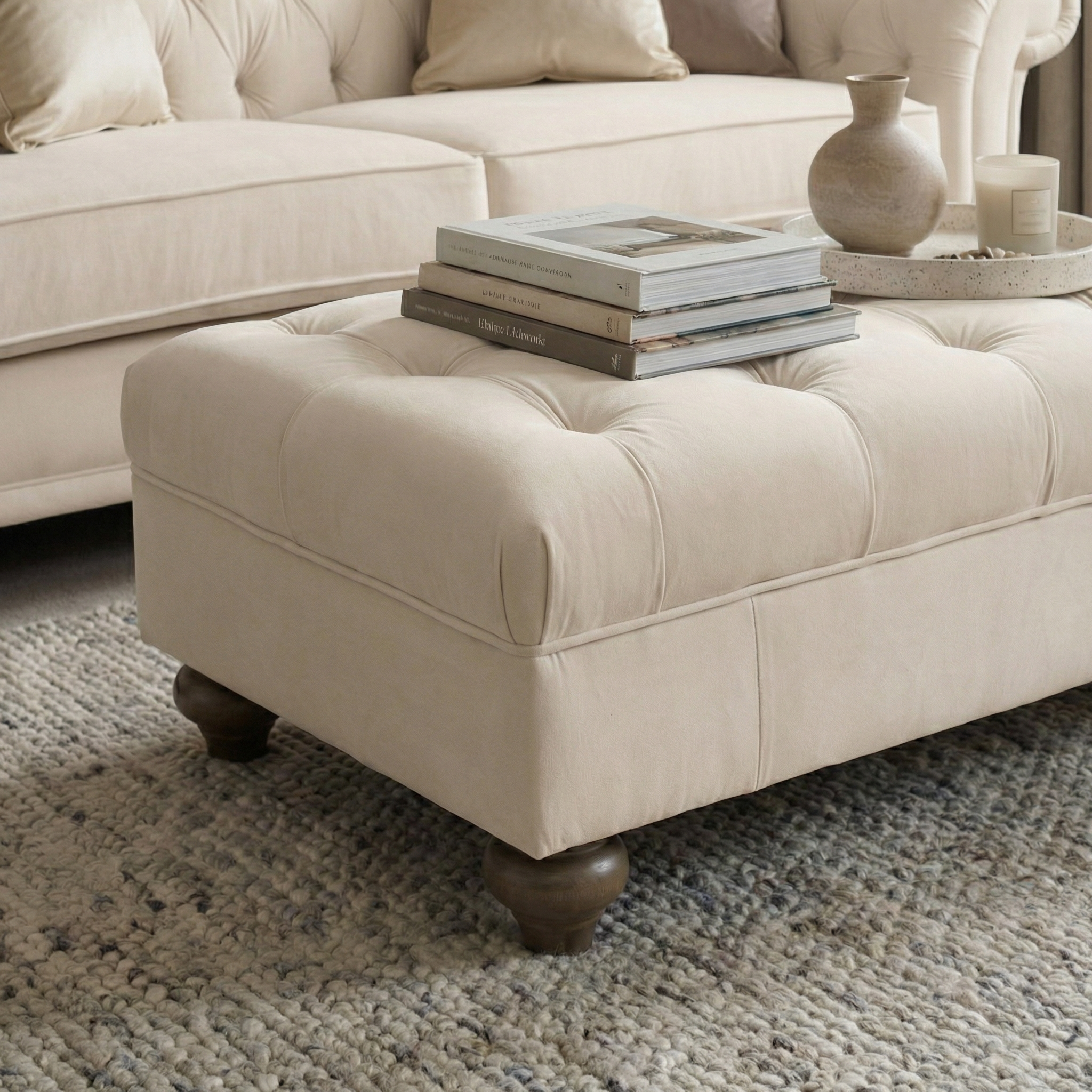 The Chesterfield Velvet Footstool in Cream, topped with books, a vase, and a candle, sits beside a matching sofa on a textured rug.