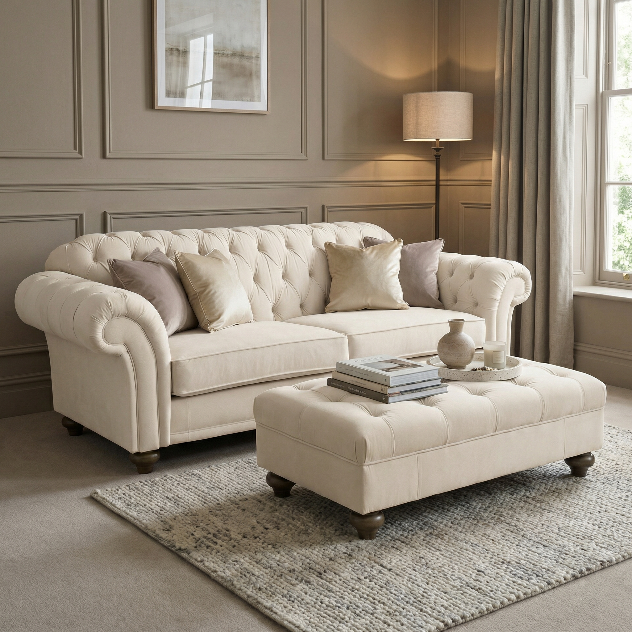 A beige tufted sofa with neutral cushions, a Chesterfield Velvet Footstool in Cream, and a floor lamp in an elegant living room.