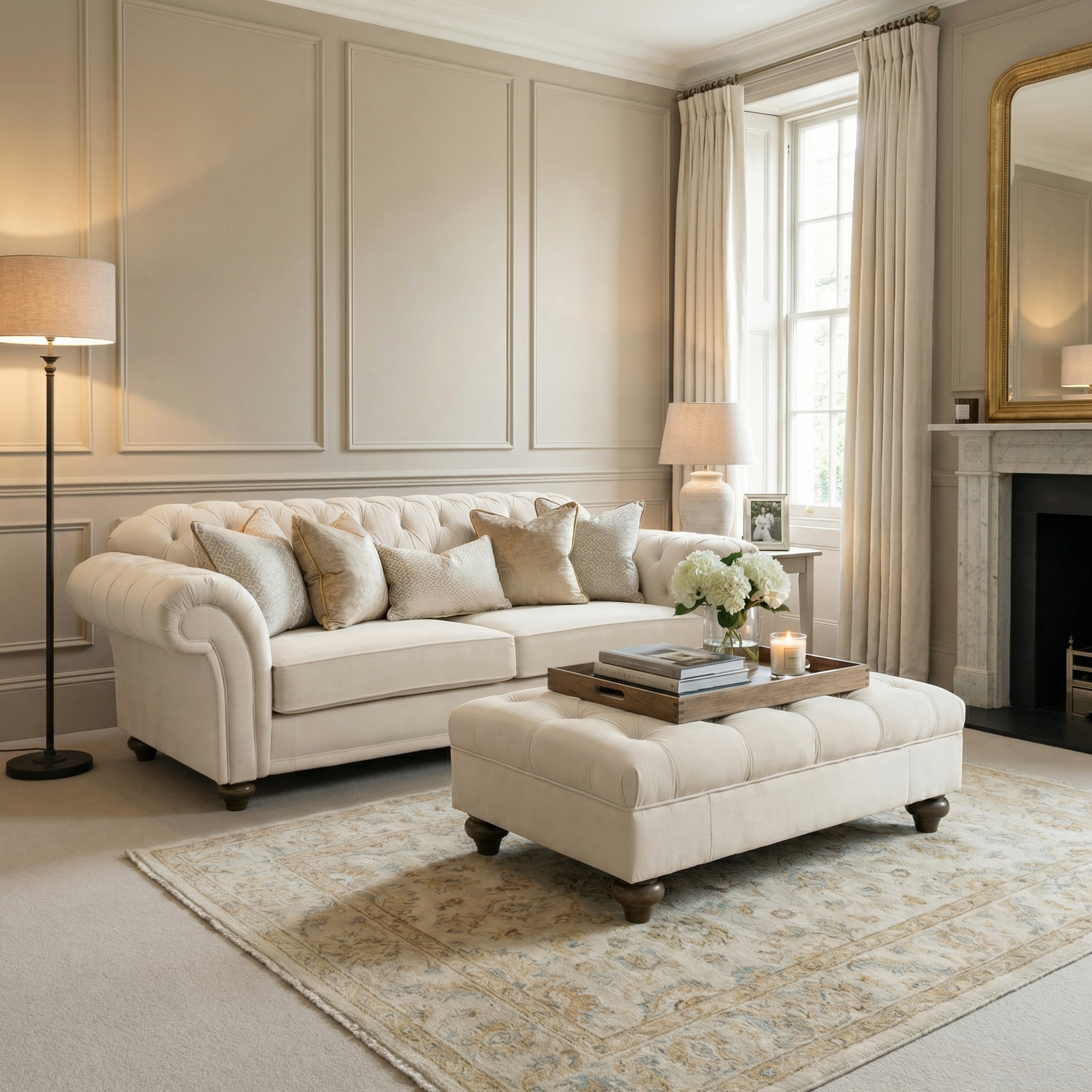 Elegant living room with cream sofa, ottoman, floor lamp, fireplace, and large window with cream curtains—highlighted by the luxurious Chesterfield Velvet Footstool in Cream.