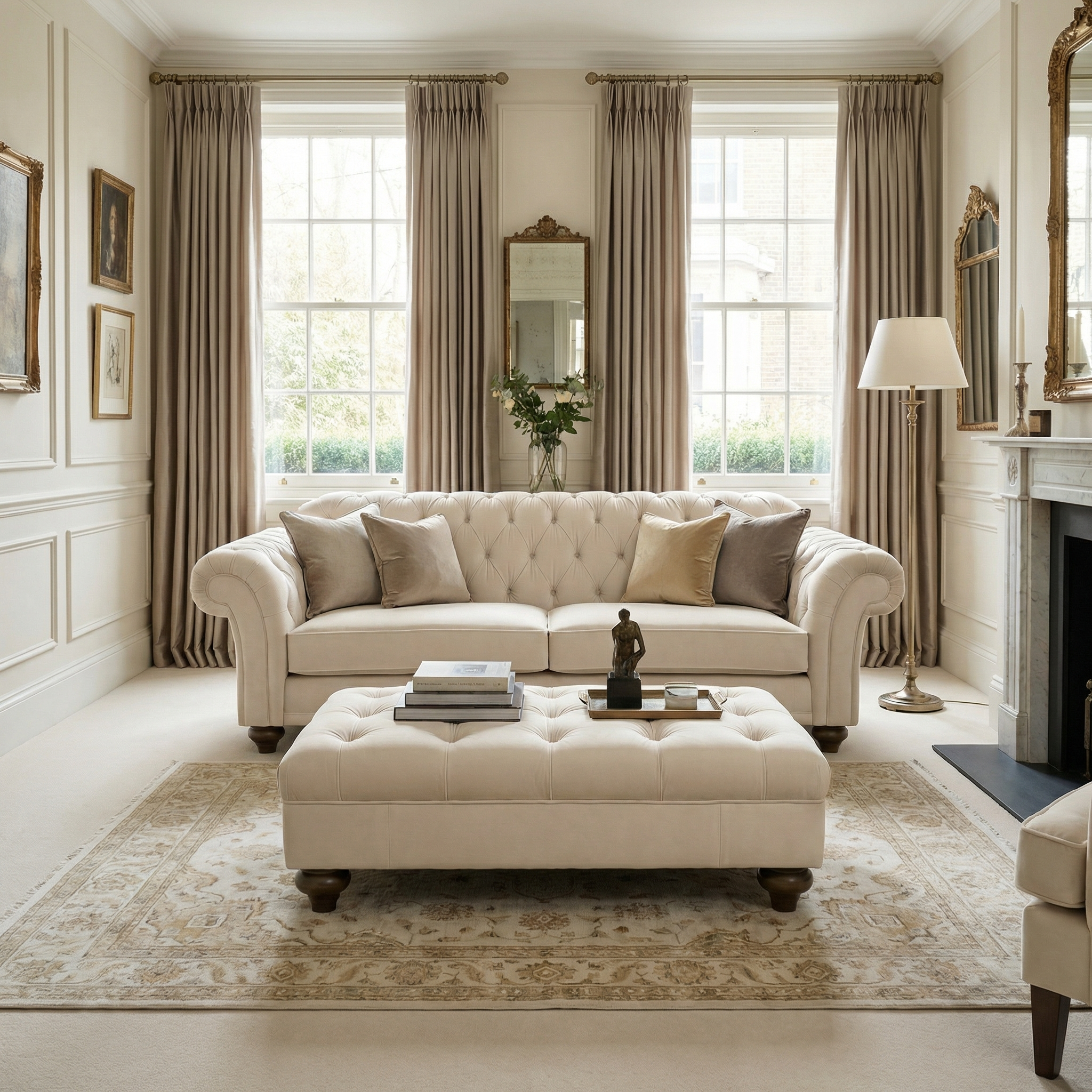 Elegant living room with a cream sofa, ottoman, large windows, beige curtains, and classic décor featuring the Chesterfield Velvet Footstool in Cream for added charm.