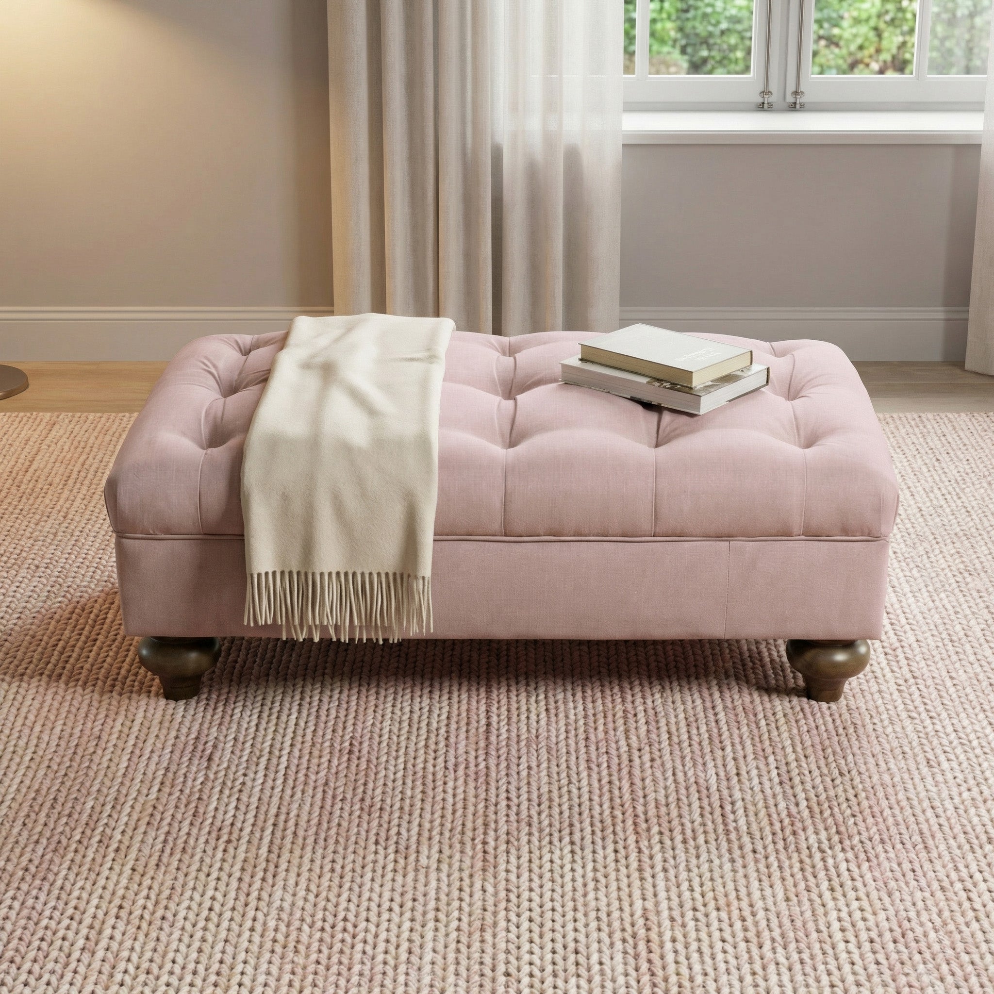 Chesterfield Footstool in Dusky Pink with tufted details features a beige throw and two books on top, placed on a textured rug in a bright room.