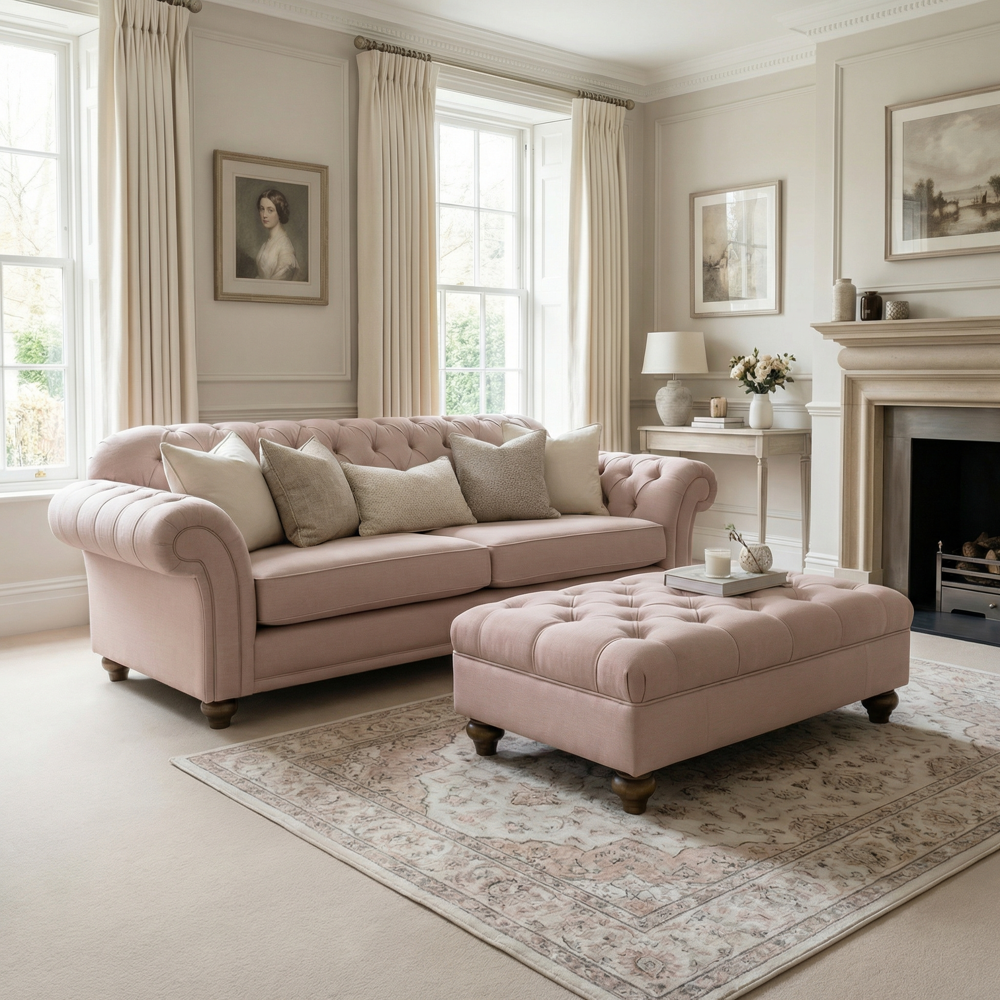 A bright living room with a pink sofa, matching ottoman, soft rug, and neutral decor, featuring a stylish Chesterfield Footstool in Dusky Pink for added elegance.
