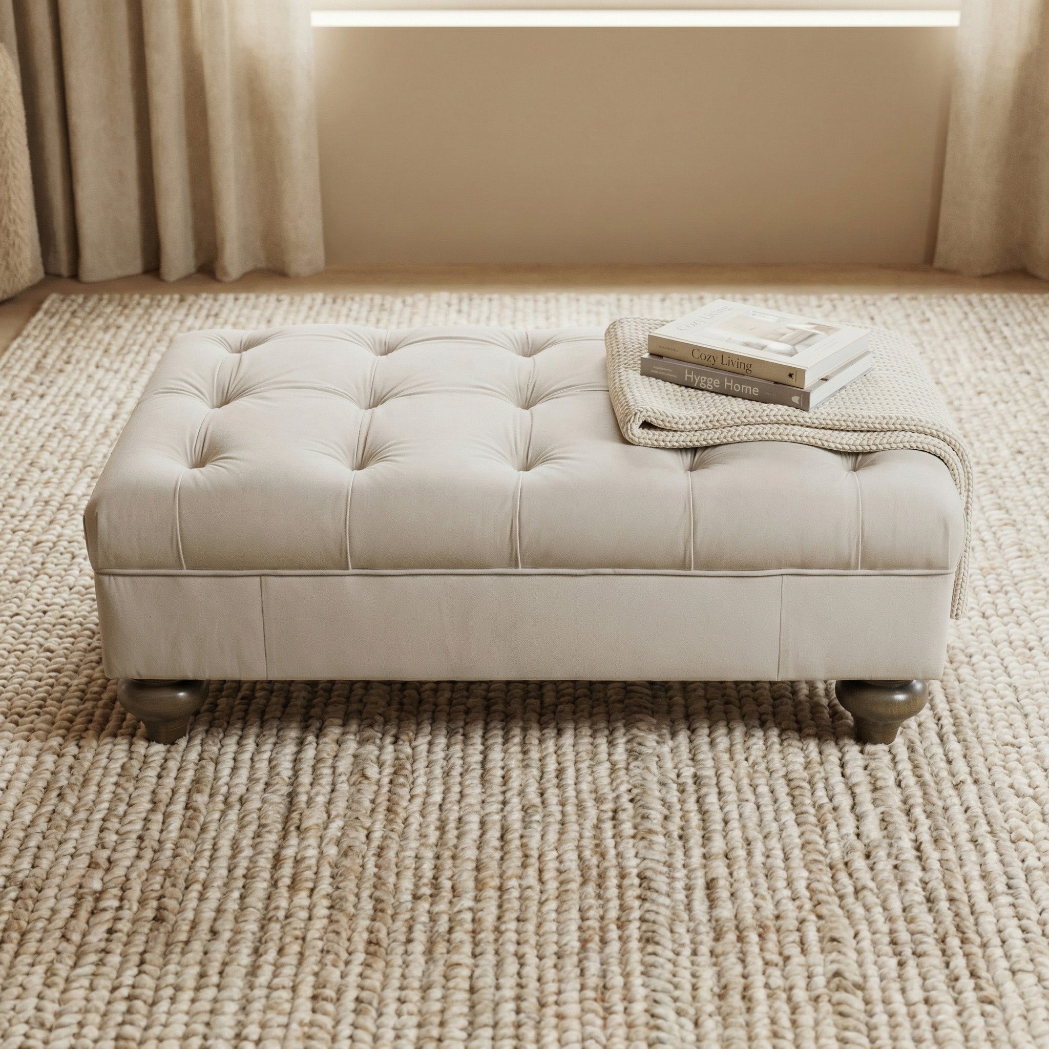 The Chesterfield Velvet Footstool in Feather Grey, topped with books and a knit throw, sits on a textured woven rug, creating a cozy room ambiance.
