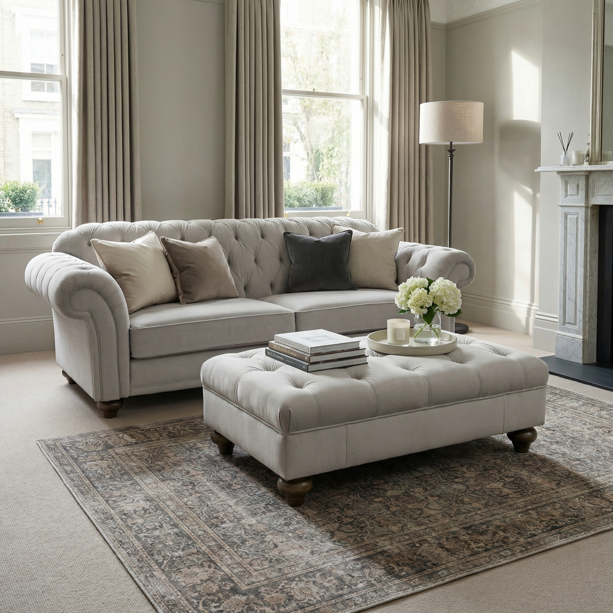 Elegant living room featuring a tufted sofa, Chesterfield Velvet Footstool in Feather Grey, neutral pillows, and large windows with beige curtains.