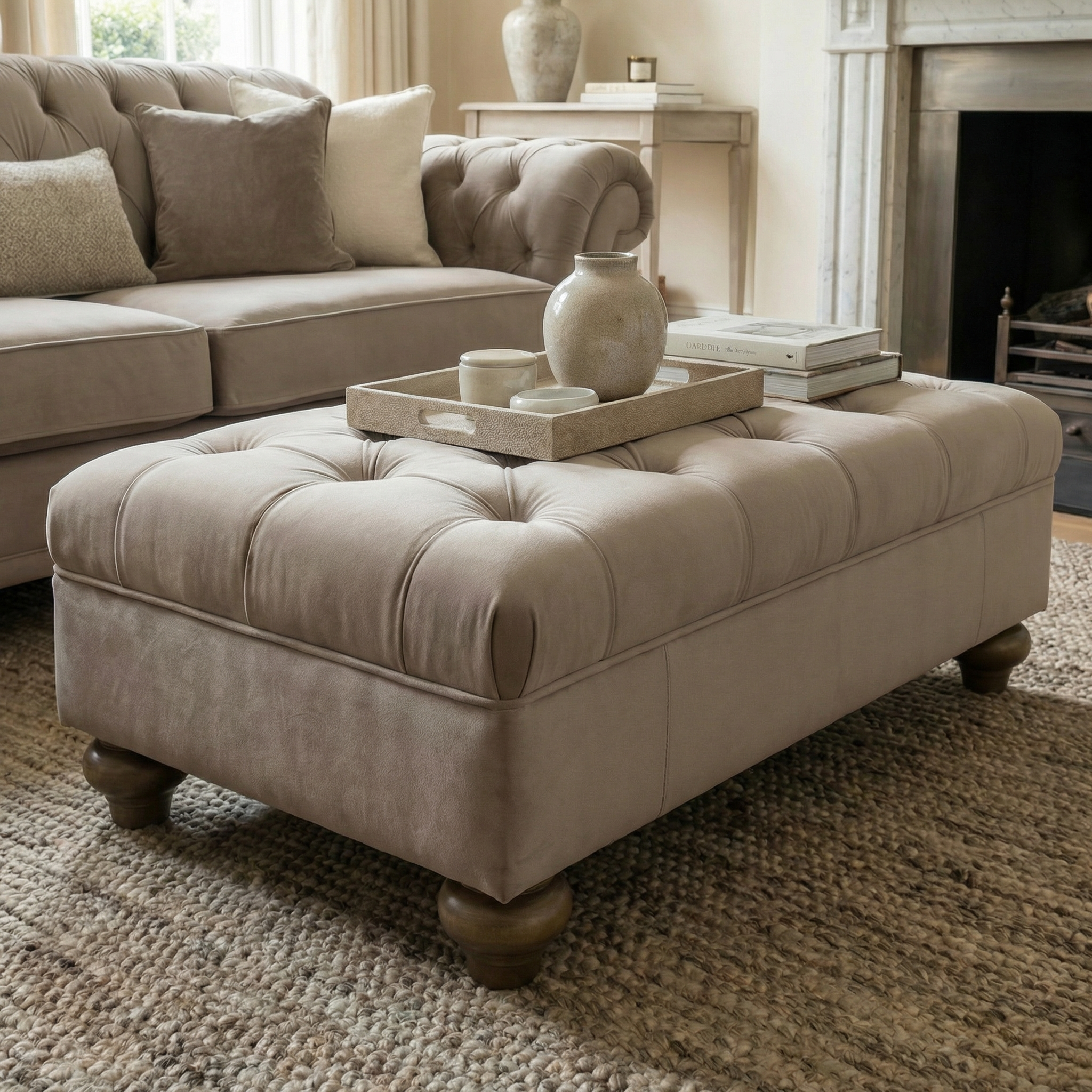 Chesterfield Velvet Footstool in Mink—beige tufted velvet ottoman with wooden legs, serving tray, and pottery—adds style and comfort to any cozy living room.