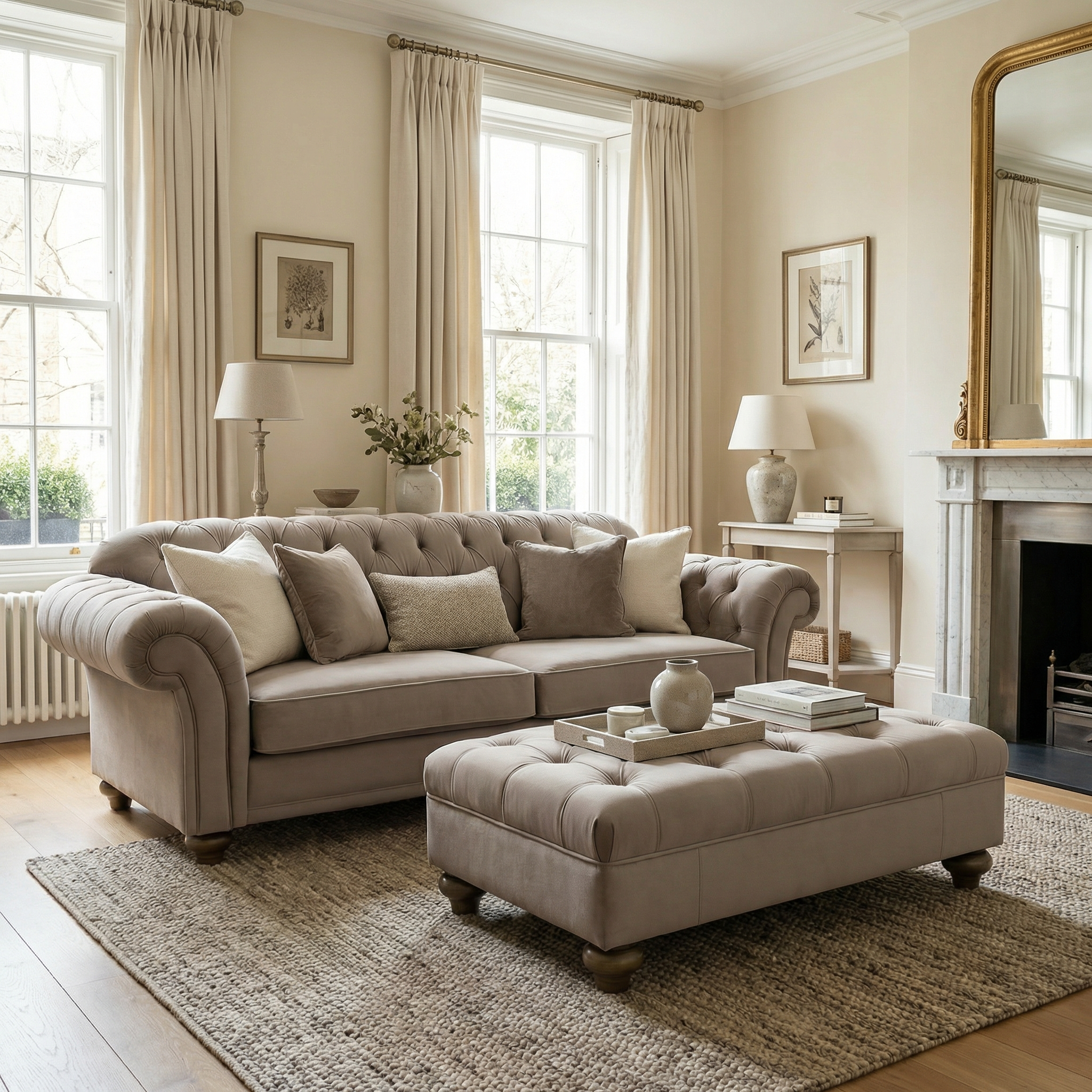 Elegant living room with a beige sofa, Chesterfield Velvet Footstool in Mink, large windows, neutral decor, and a fireplace topped with a mirror.