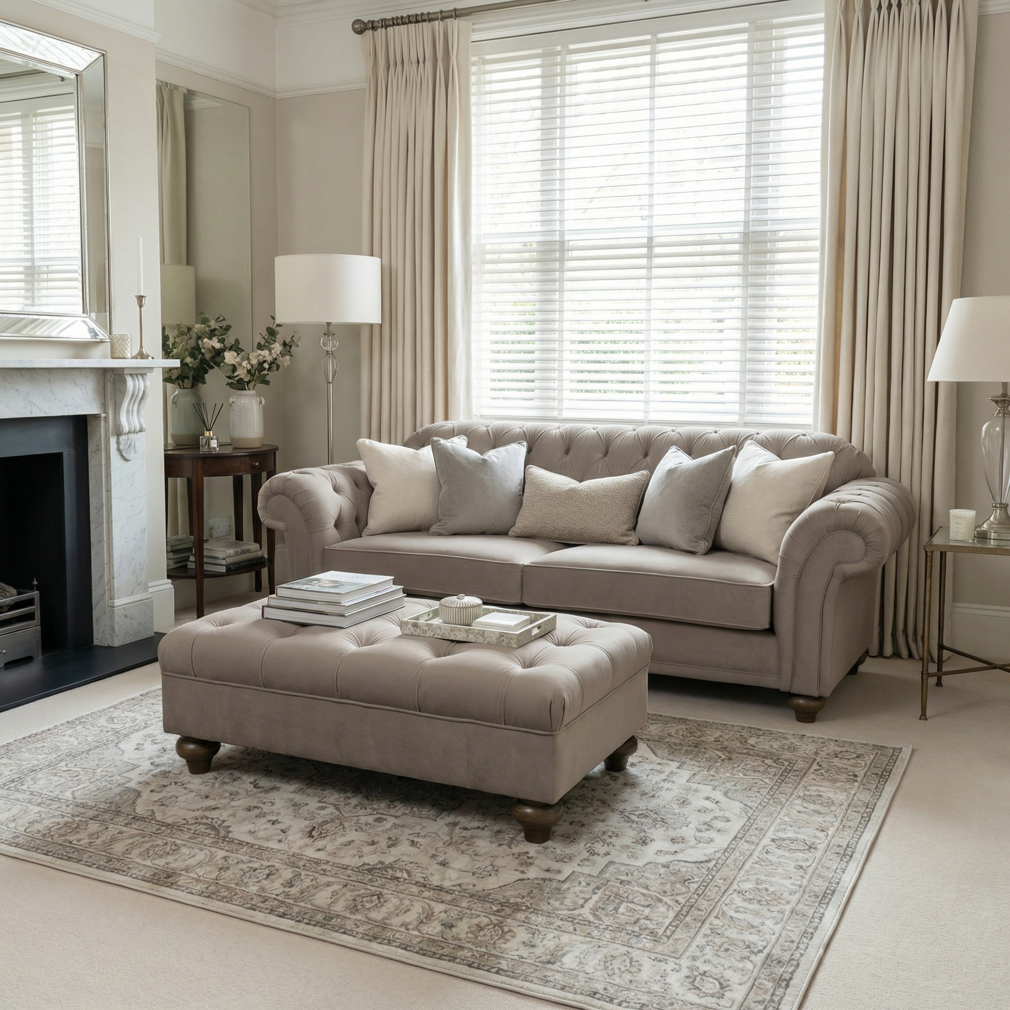 A neutral-toned living room with a Chesterfield 3 Seat Velvet Sofa in Mink, an ottoman, rug, and a large window with curtains.